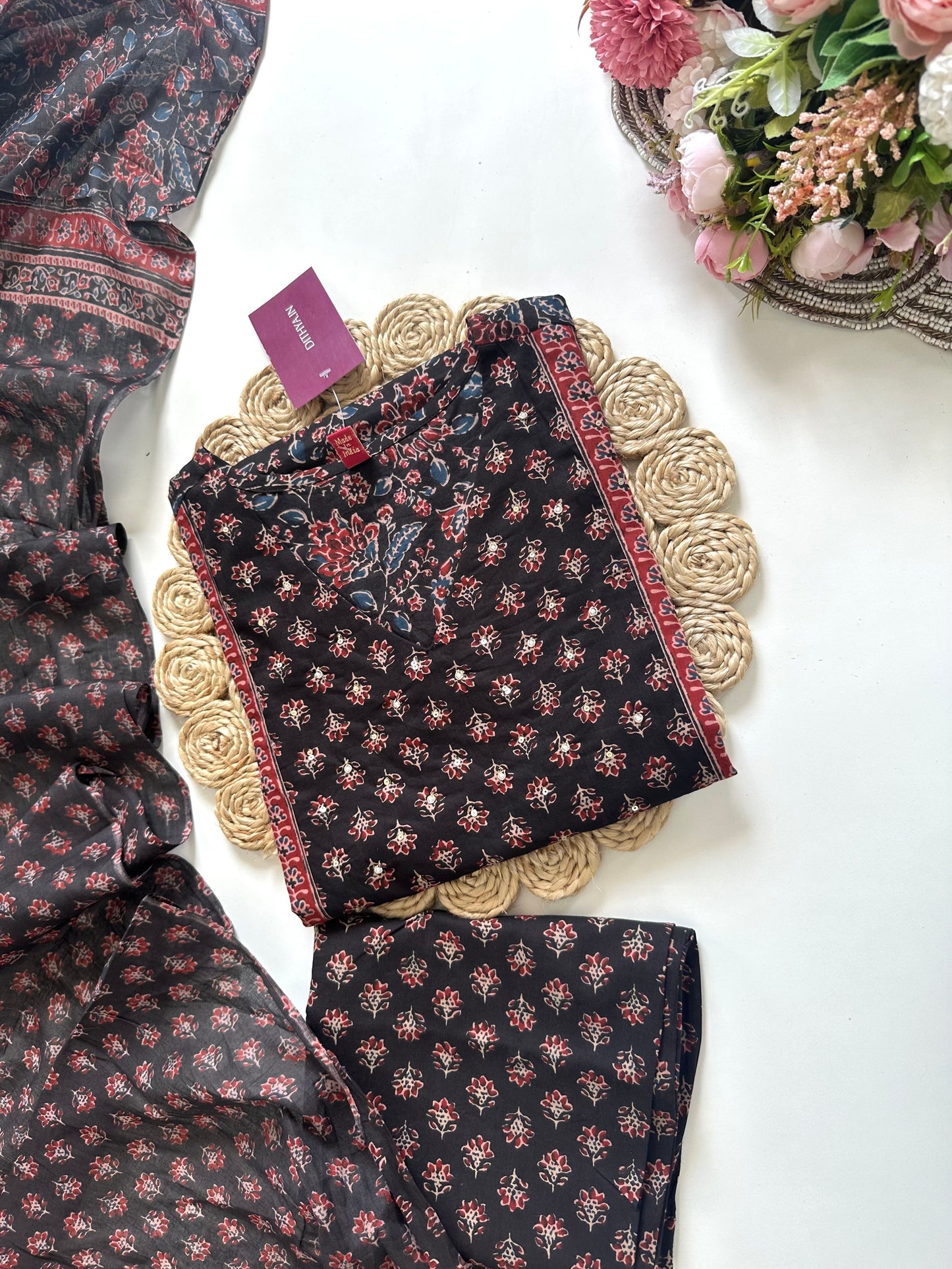 K015 - Cotton printed straight kurti with pants and dupatta.