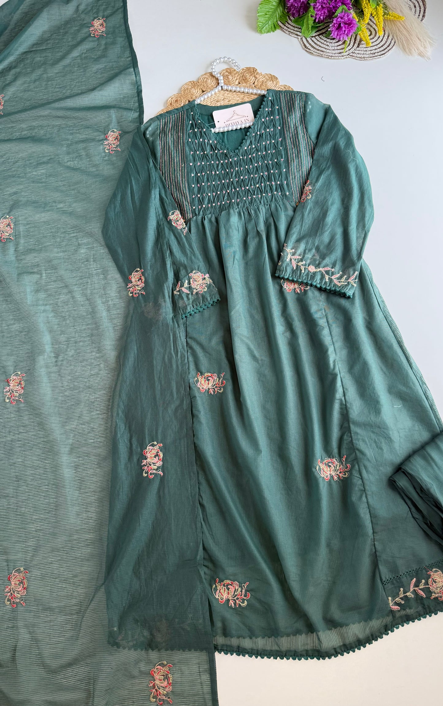 K492 - Mul chanderi handwork Anarkali with pants and dupatta