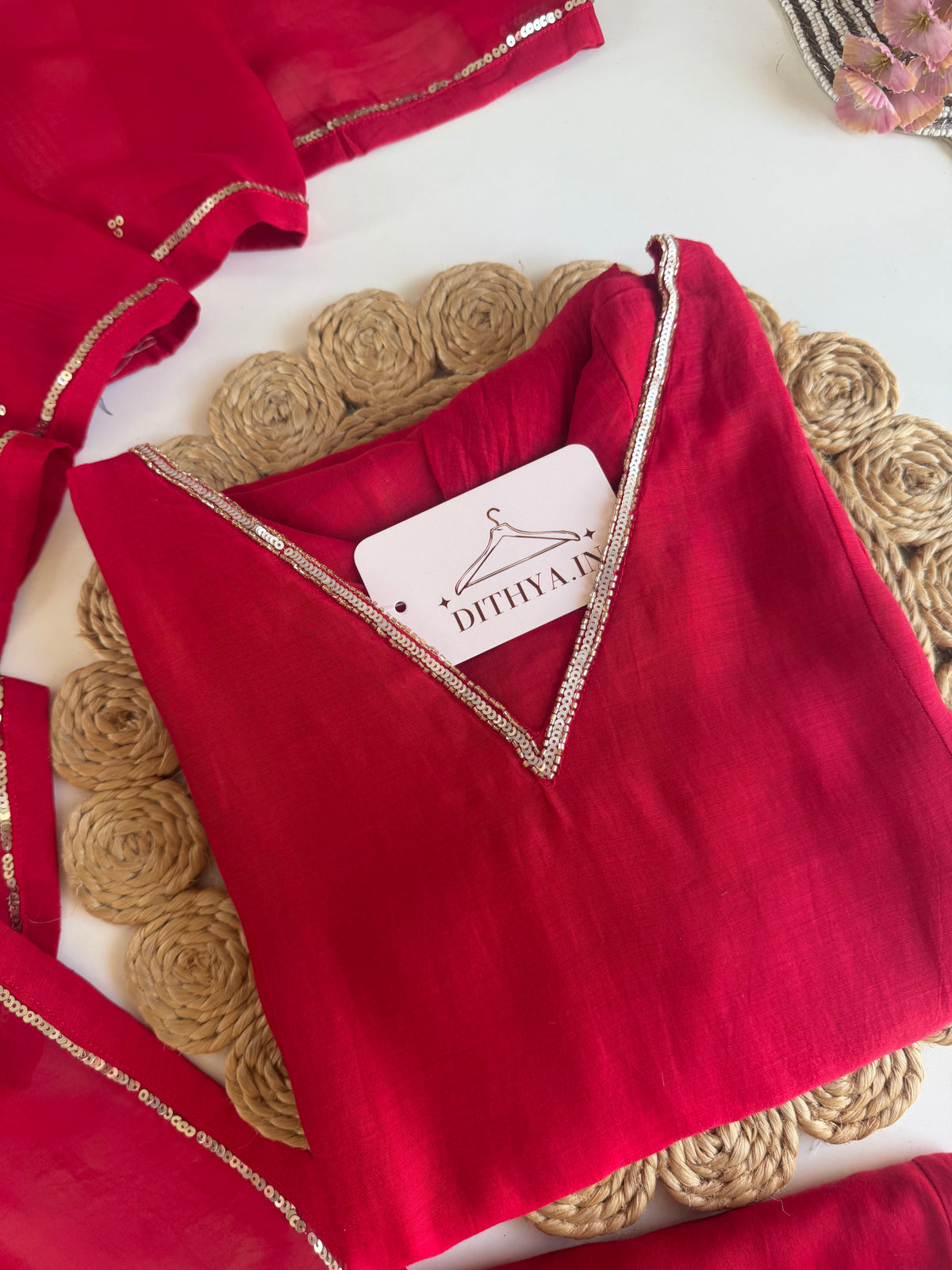 K457 - Mul chanderi handwork aline Kurti with pants and dupatta