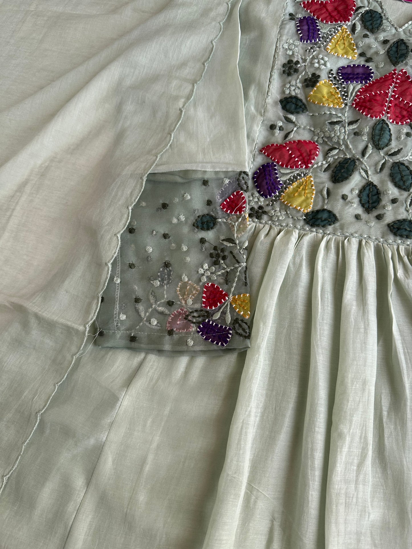 K050 - Mul Chanderi appliqué embroidered Aline Kurti with pants and dupatta in 2 colours