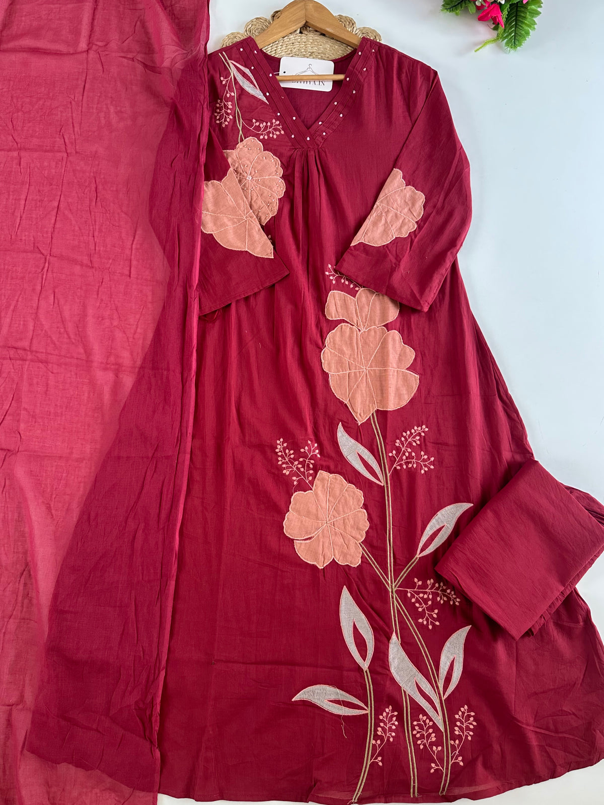 K243 - Mul cotton appliqué Aline Kurti with pants and dupatta