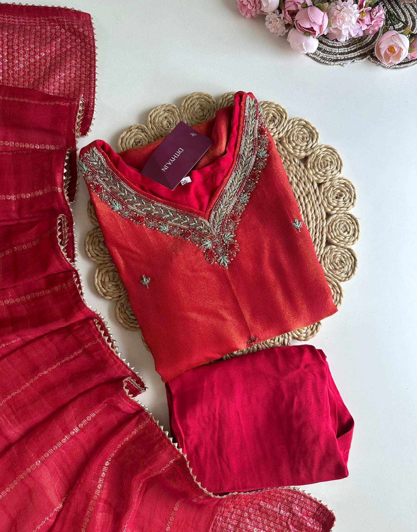 K013 - Tissue silk handwork straight Kurti with pants and dupatta