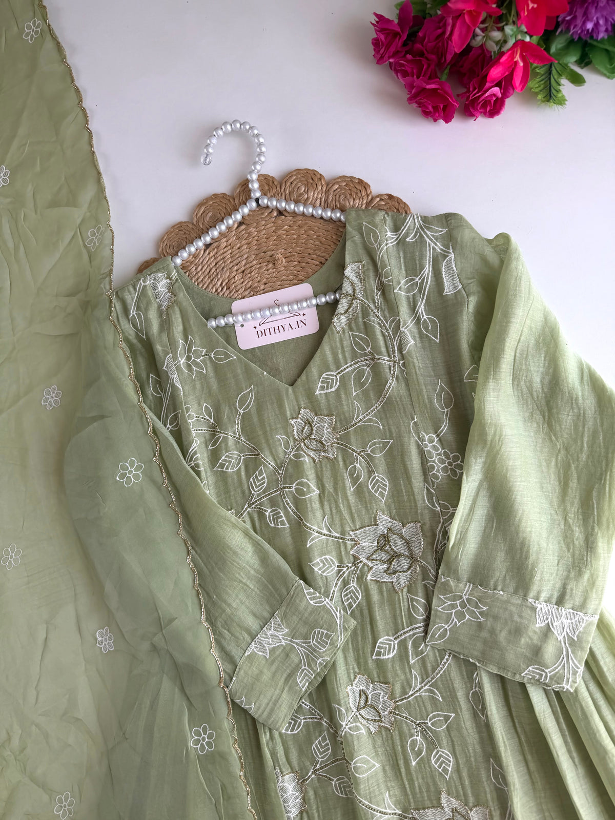 K735 - Mul chanderi embroidered Anarkali with pants and dupatta in 2 colours
