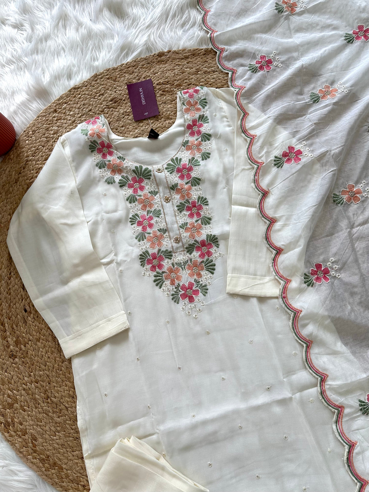 K314 - Roman silk embroidered straight Kurti with pants and dupatta