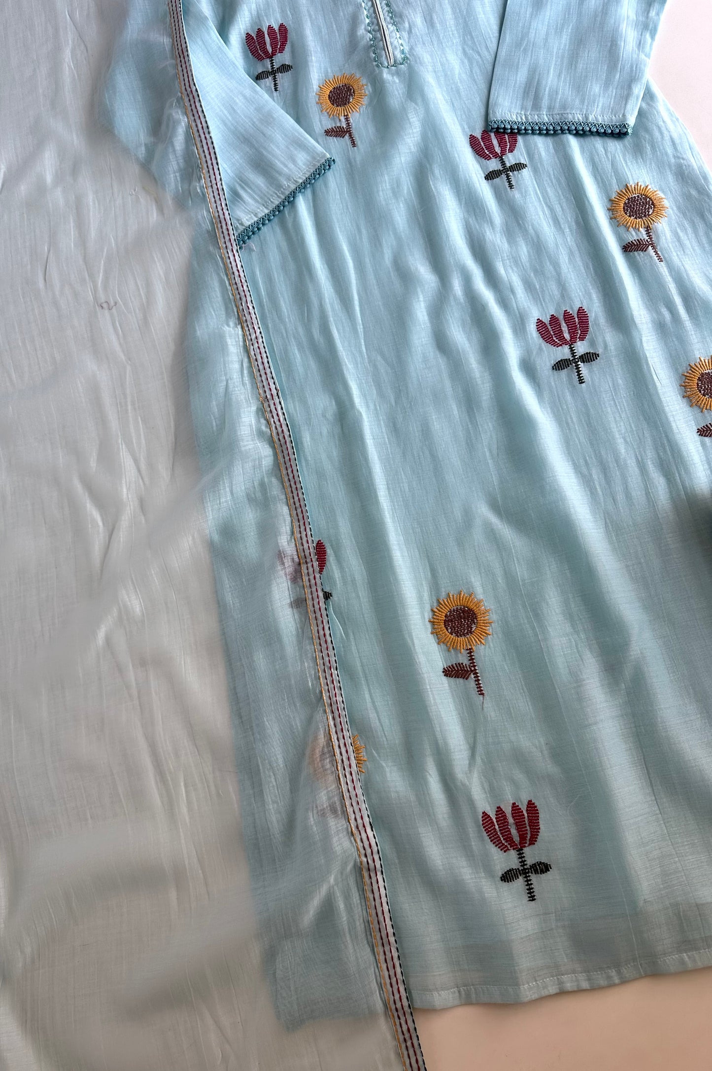 K473 - Muslin cotton embroidered straight Kurti with pants and dupatta