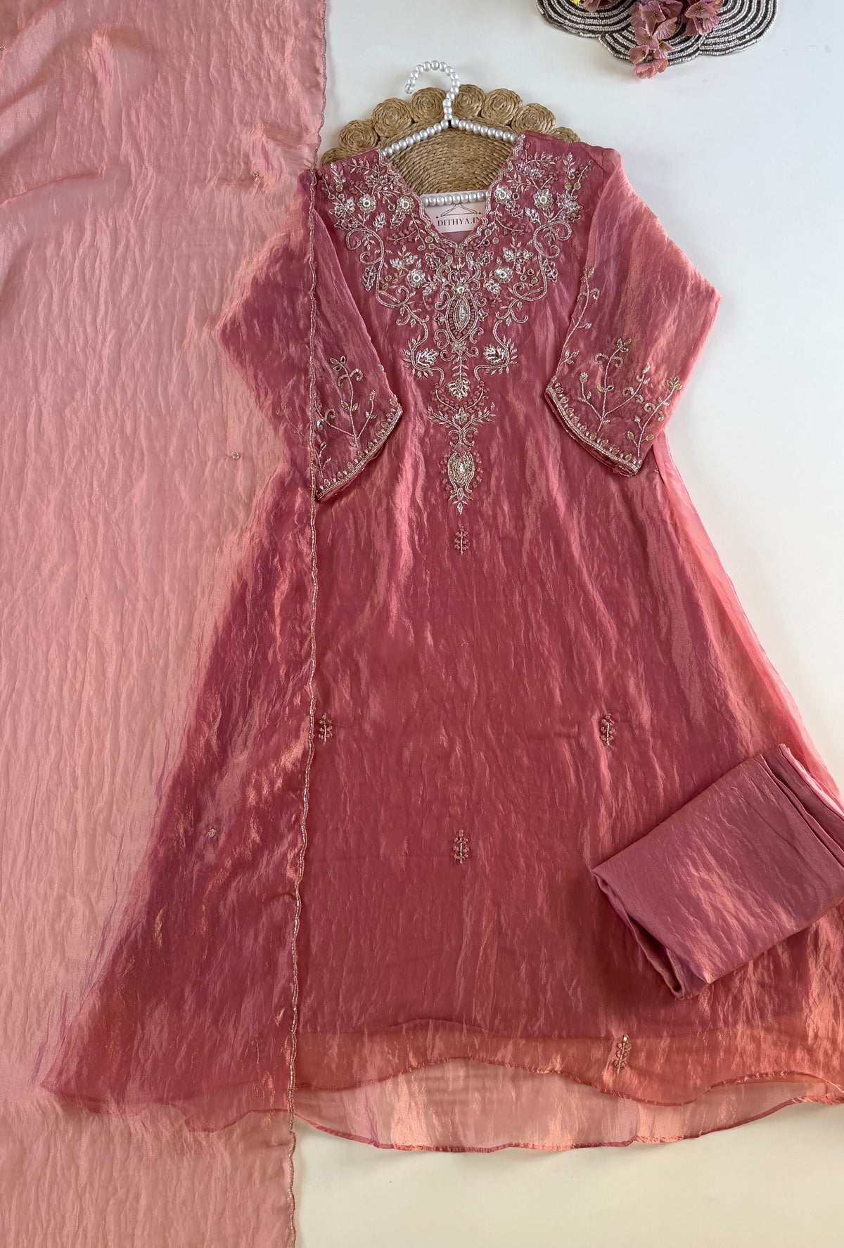 K599 -Glass tissue silk handwork aline Kurti with pants and dupatta