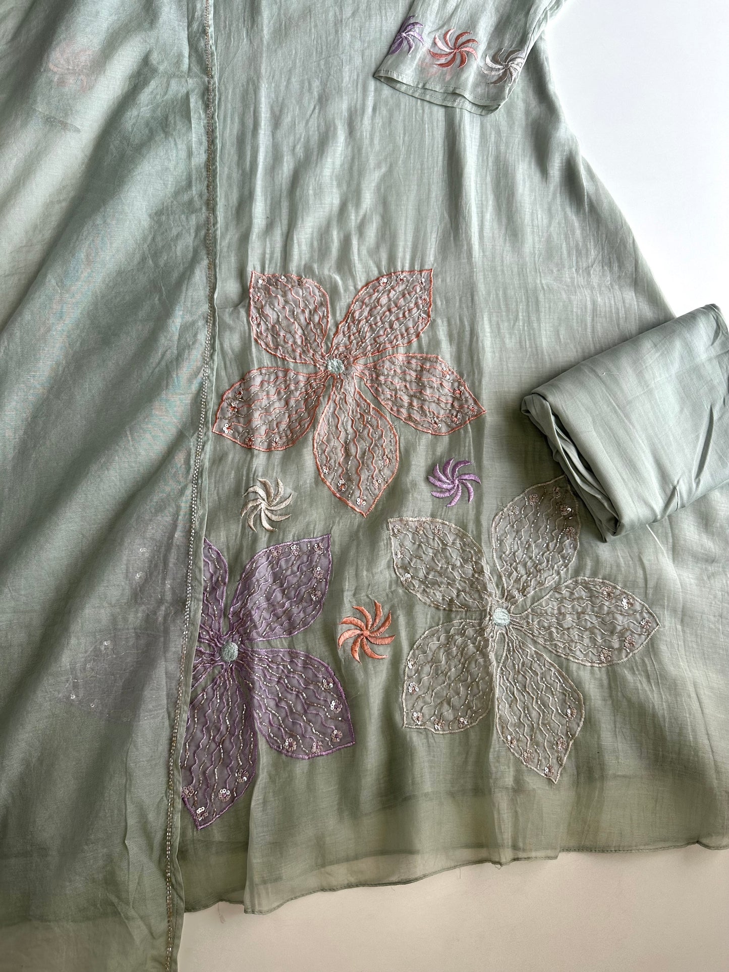 K454 - Mul Chanderi handwork Aline Kurti with pants and dupatta