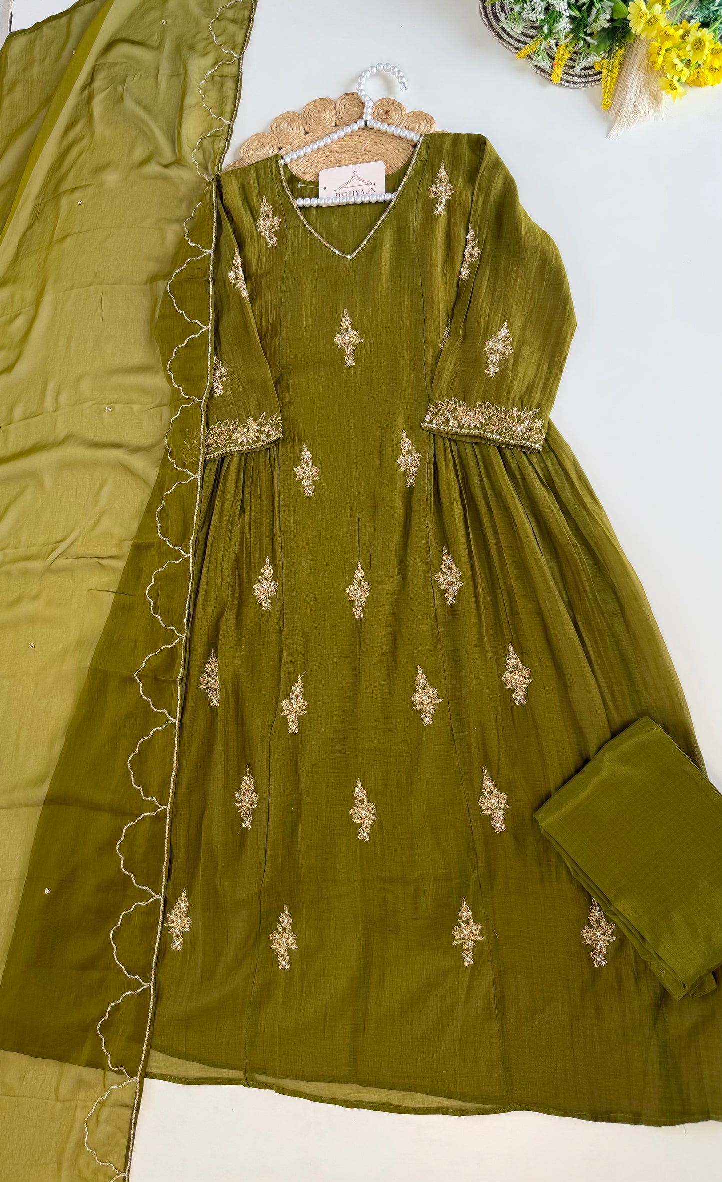 K551 - Mul chanderi handwork Aline Kurti with pants and dupatta