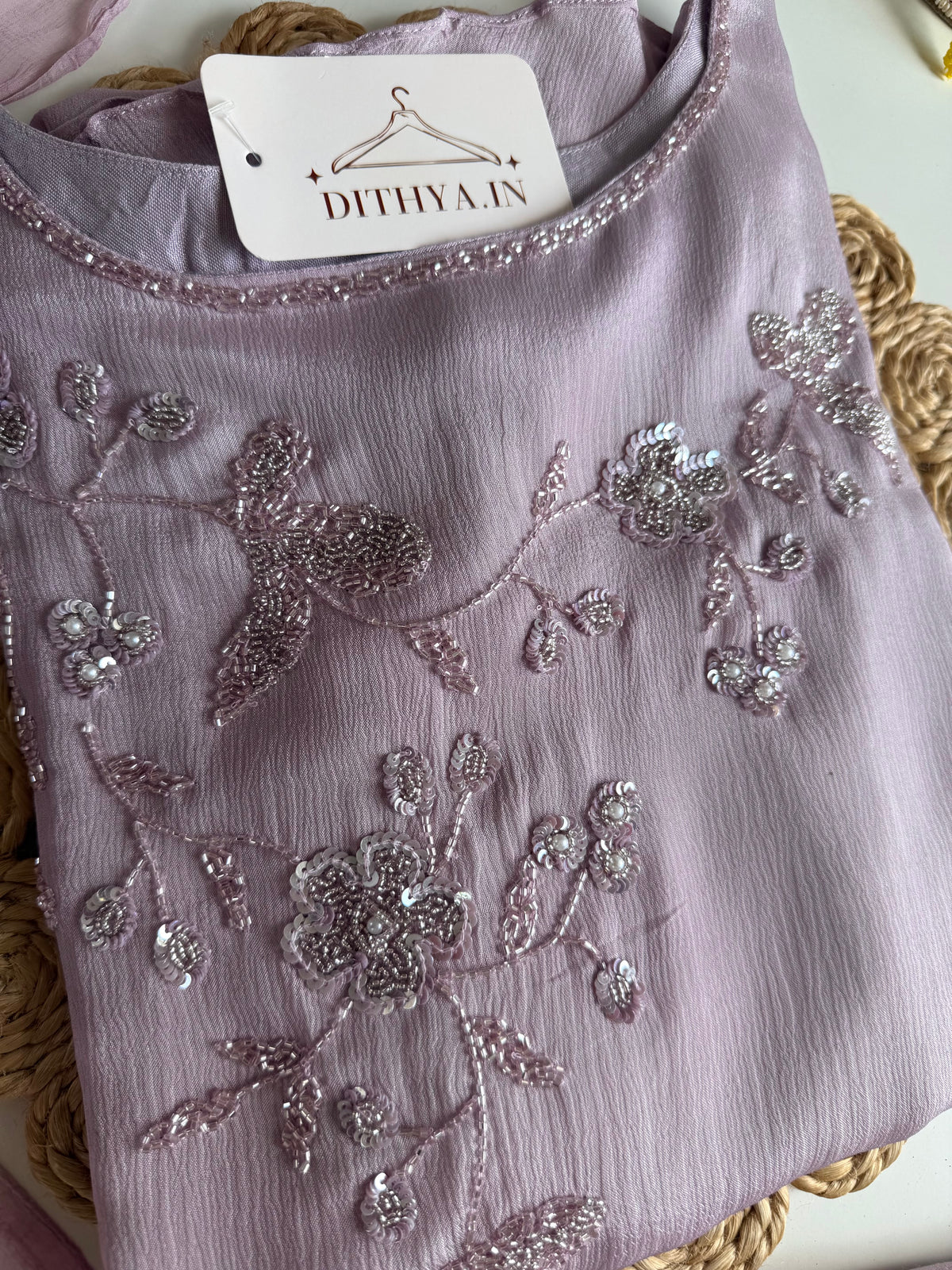K456 - Pure Chinnon handwork aline Kurti with pants and dupatta