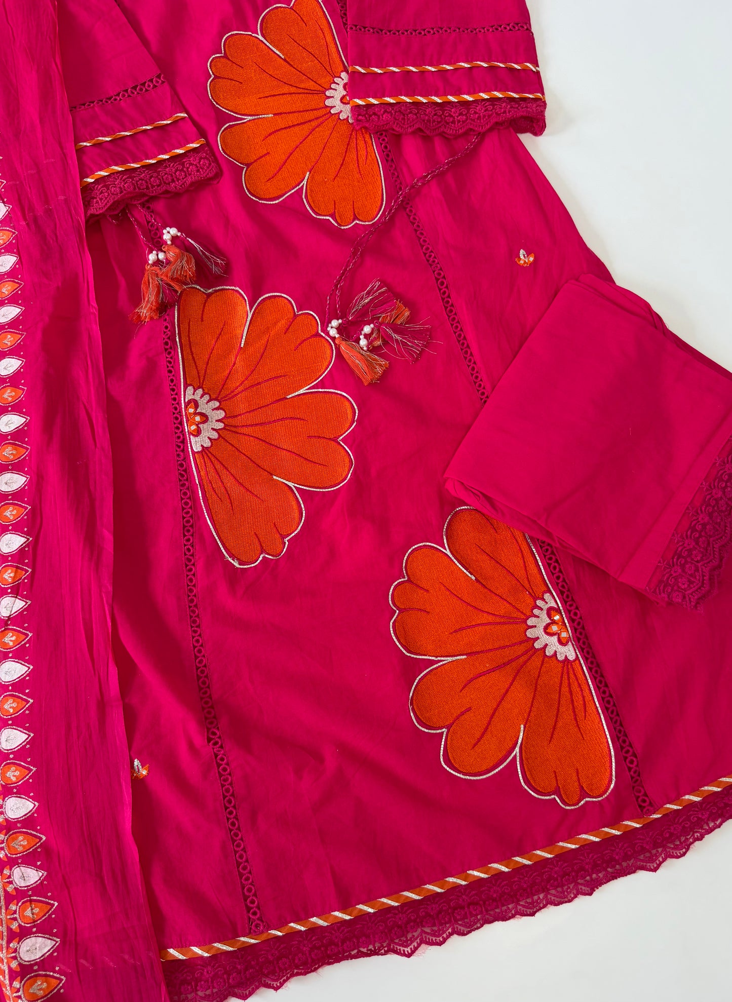 K531 - Mul Cotton embroidered aline Kurti with pants and dupatta