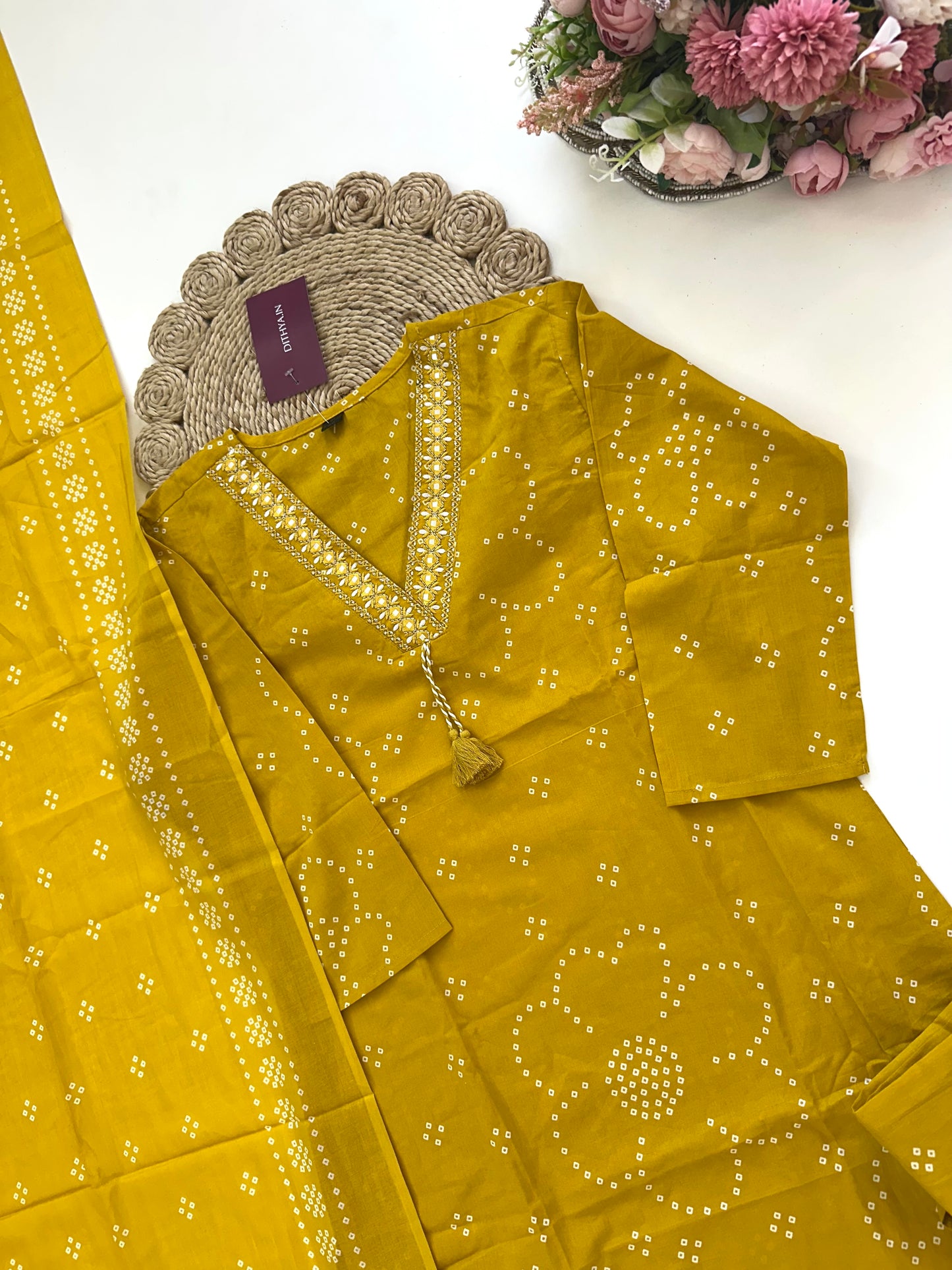 K053 - Cotton Aline Kurti with pants and dupatta in colours