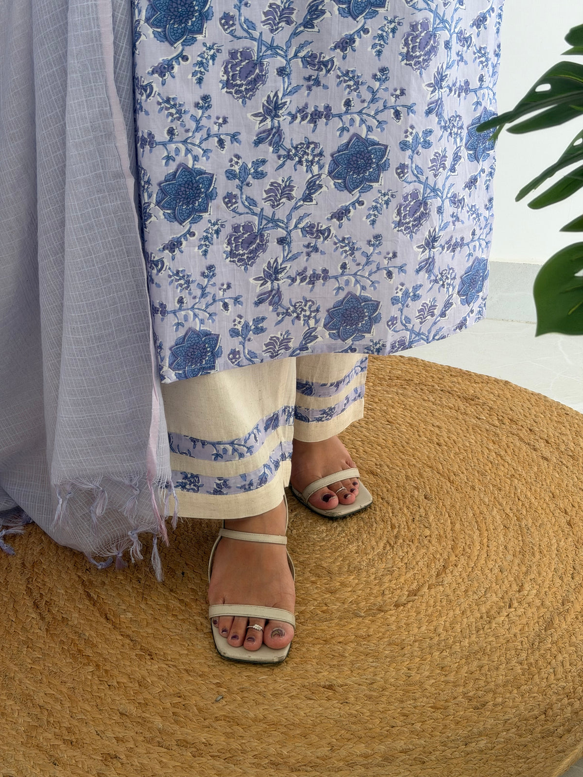 K103 - Mul cotton embroidered straight Kurti with pants and kota doriya dupatta