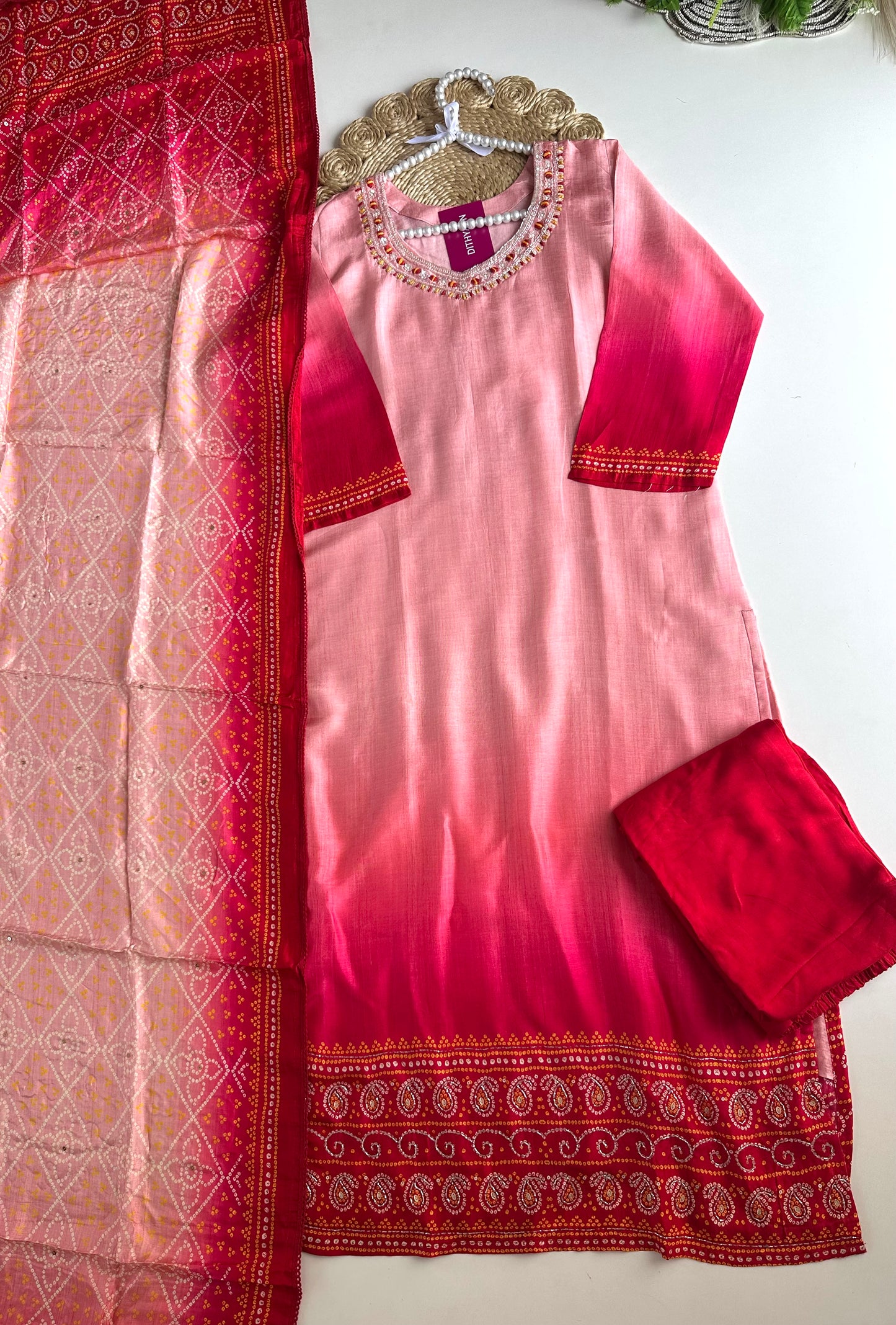 K305 - Russian silk handwork straight kurti with pants and dupatta