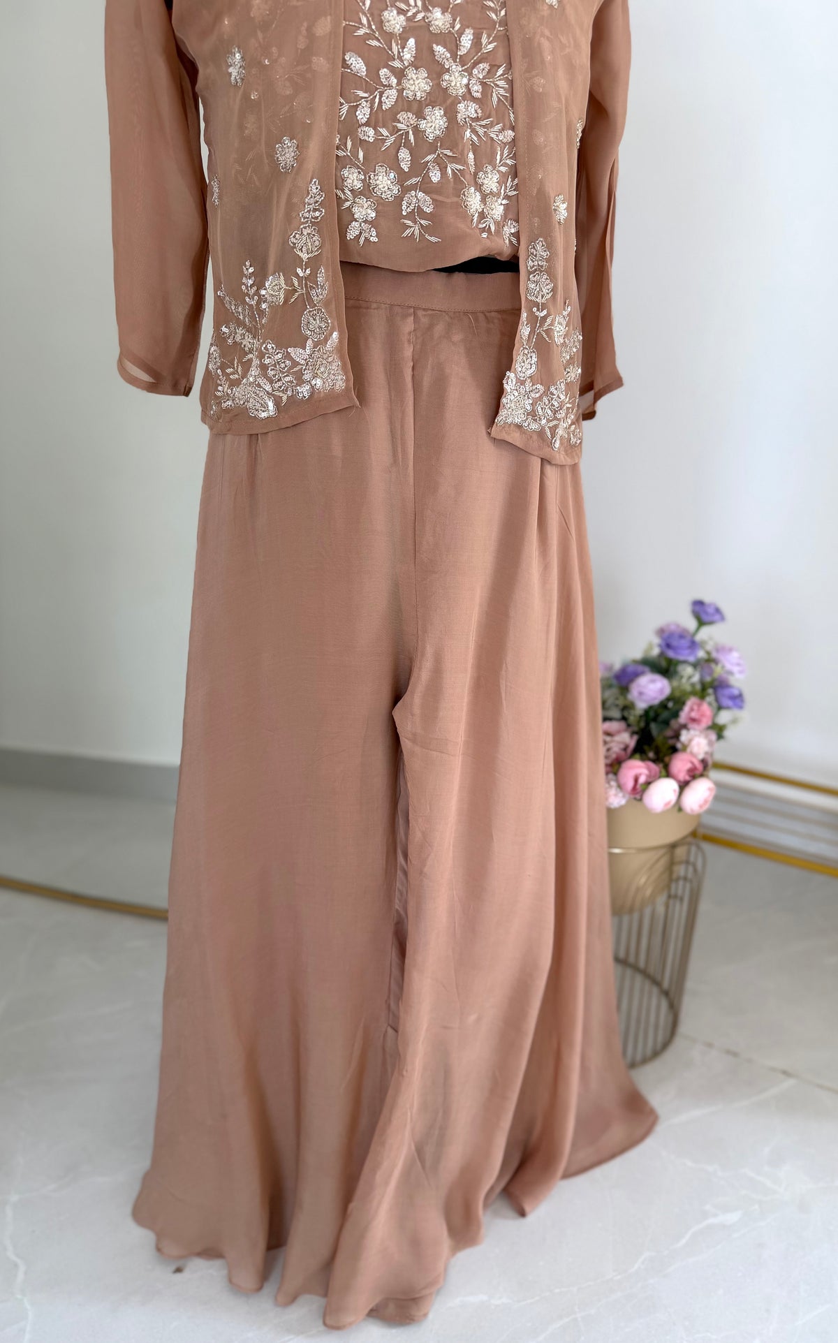K338 - Pure viscose organza handwork crop top with jacket and divider pants