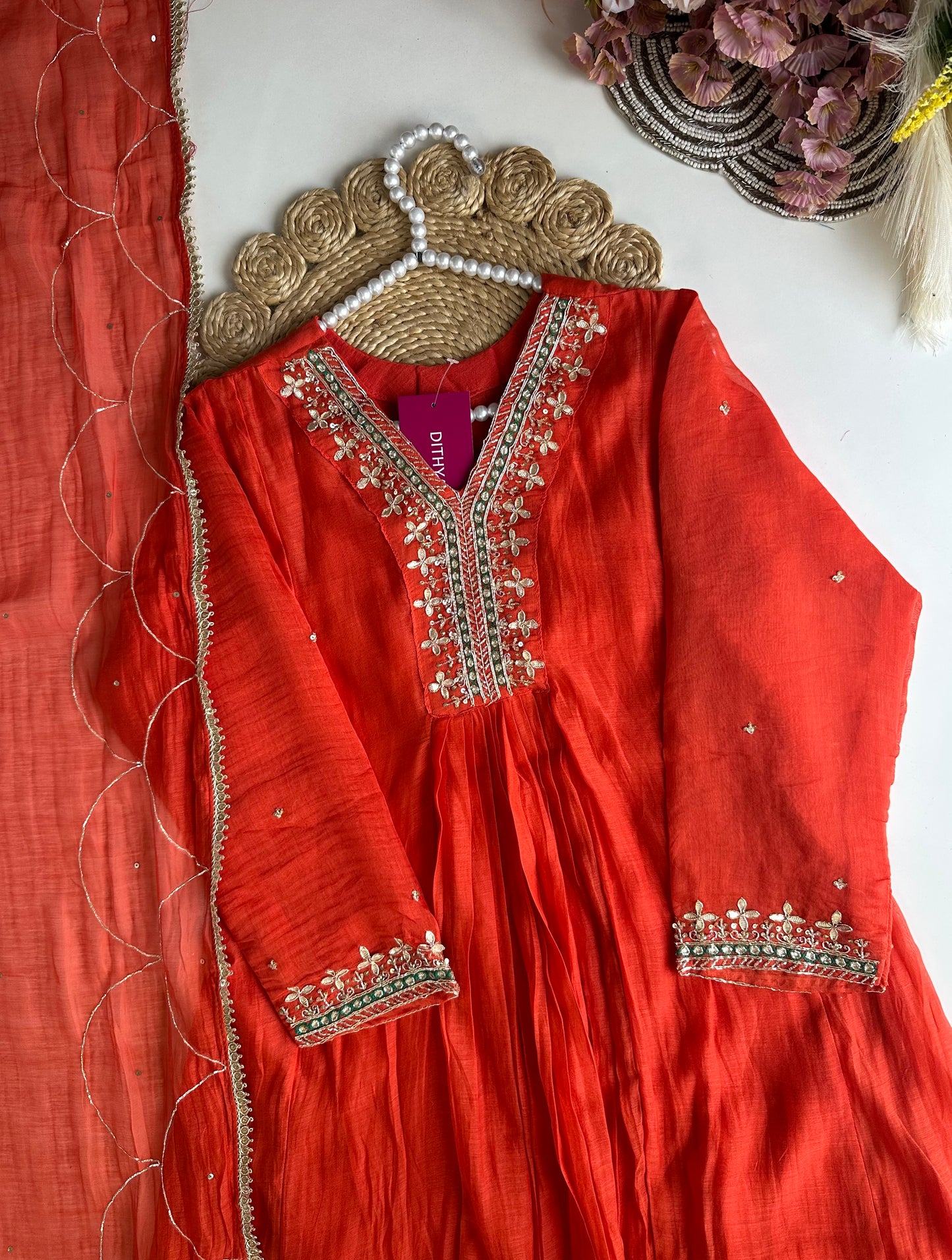K069 - Mul chanderi handwork Aline Kurti with pants and dupatta