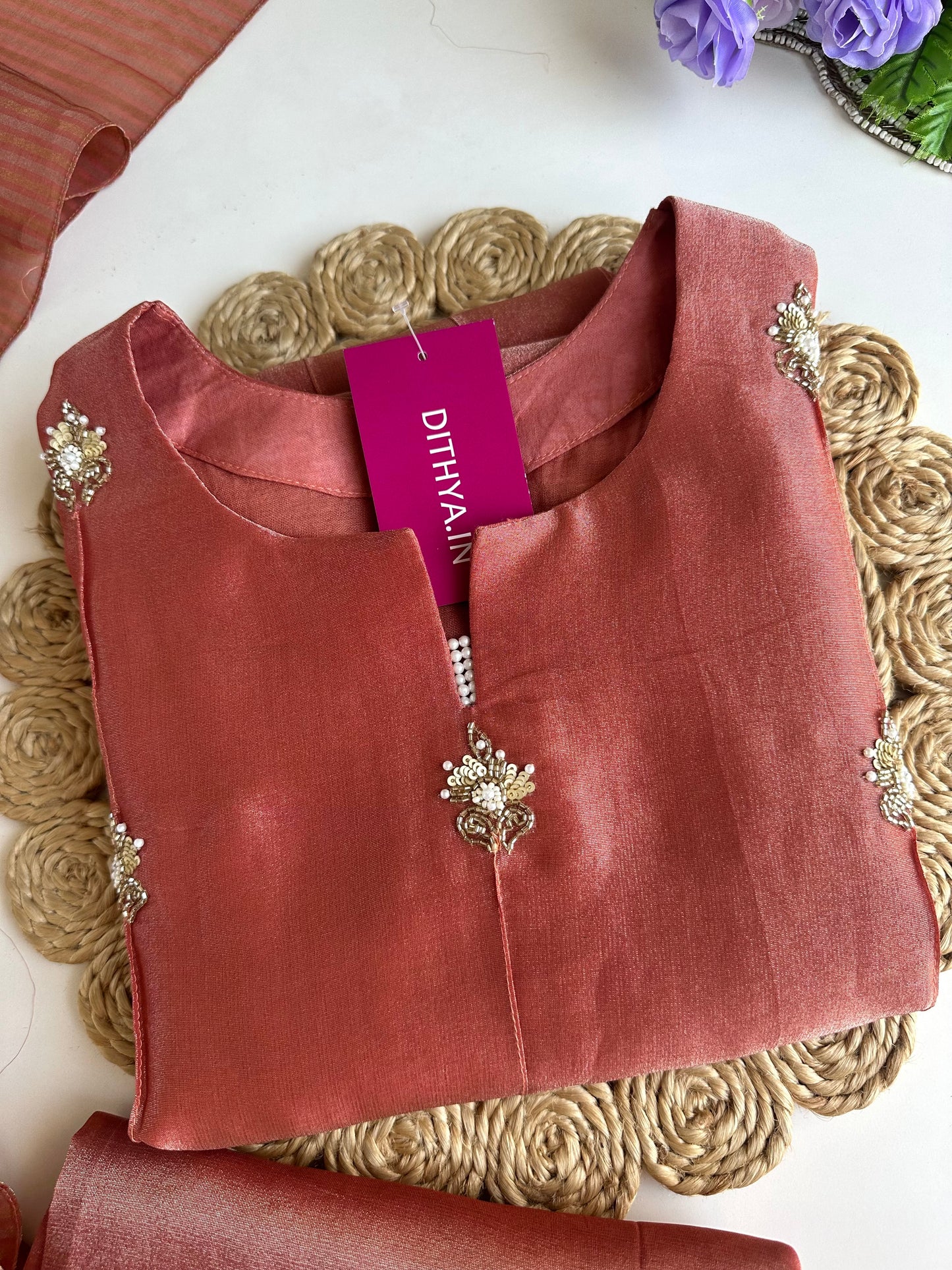 K297 - Tissue silk handwork straight kurti with pants and dupatta