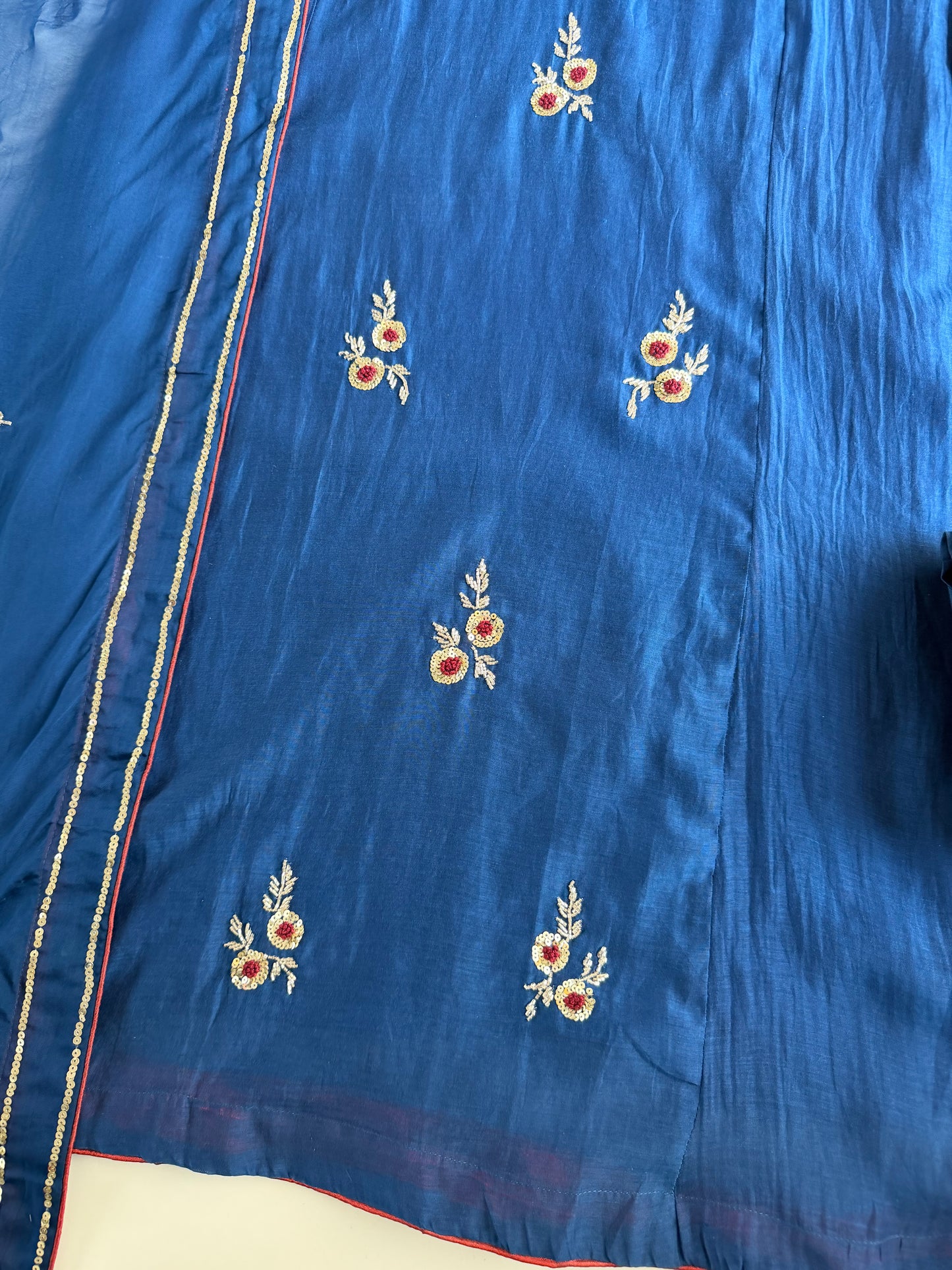 K444 - Mul chanderi handwork Aline Kurti with pants and dupatta