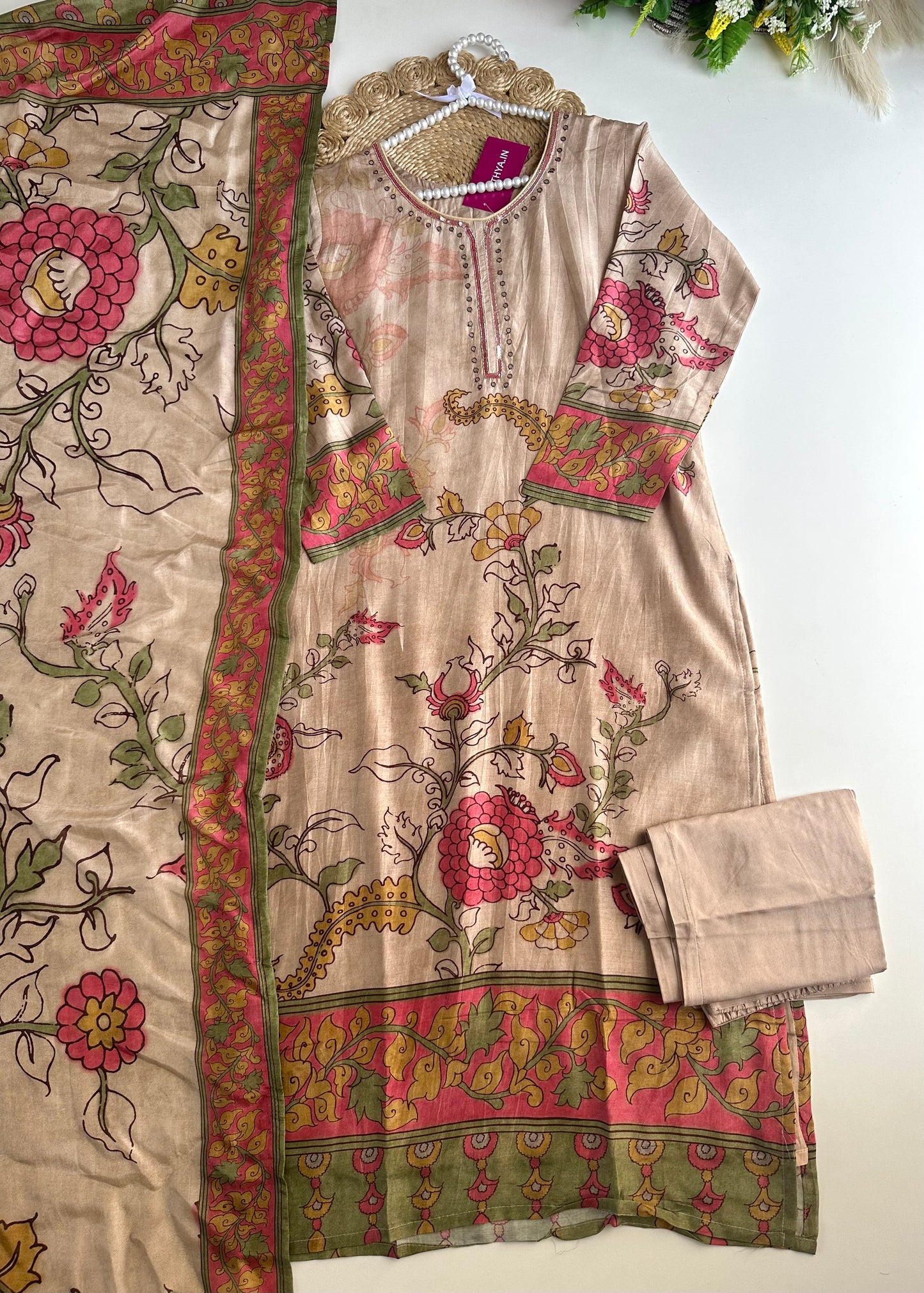 K010 - Pure muslin printed straight Kurti with pants and dupatta