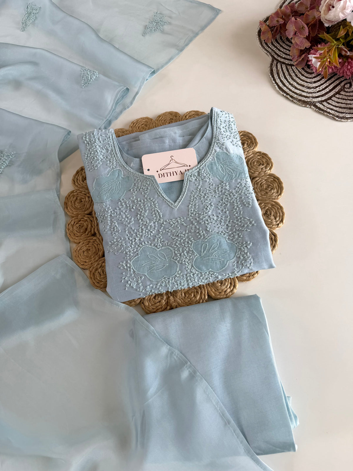 K628 - Chanderi silk knot appliqué work straight Kurti with pants and dupatta