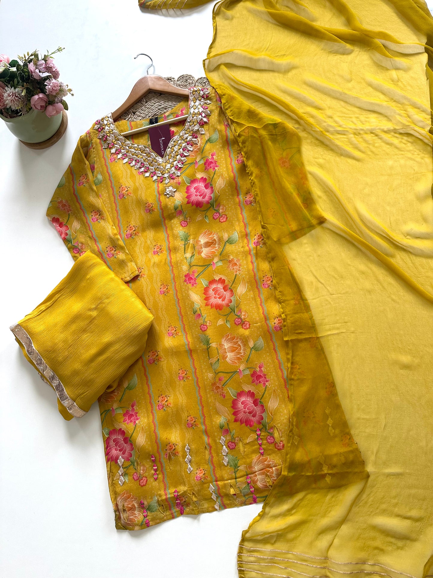K239 - Chinnon Floral Gota work kurti with palazzo and dupatta.