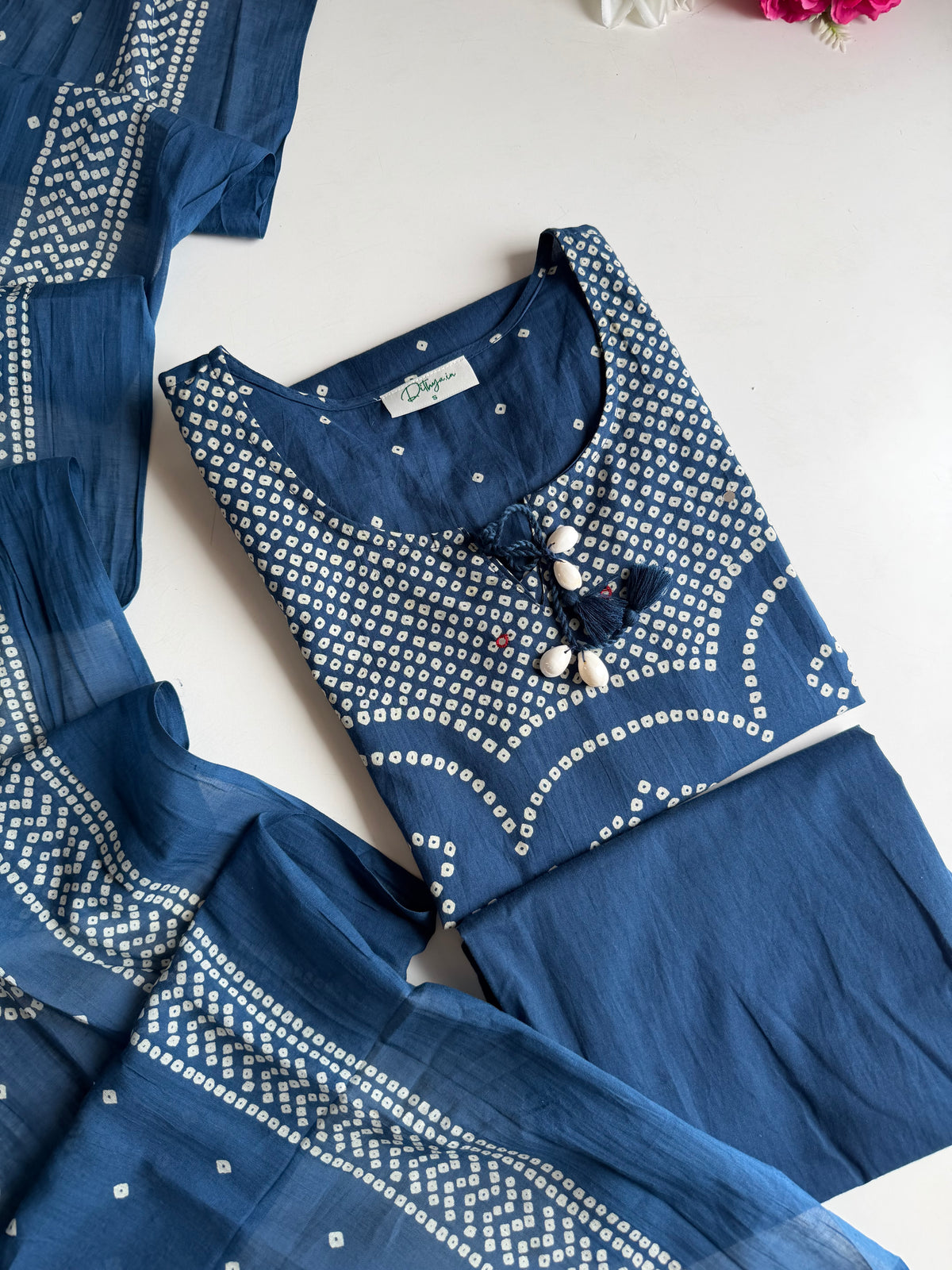 K643 - Mul cotton bandhini straight Kurti with pants and dupatta