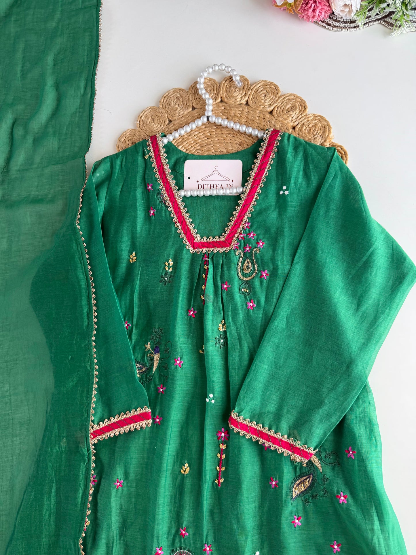 K618 - Mul chanderi handwork aline Kurti with pants and dupatta