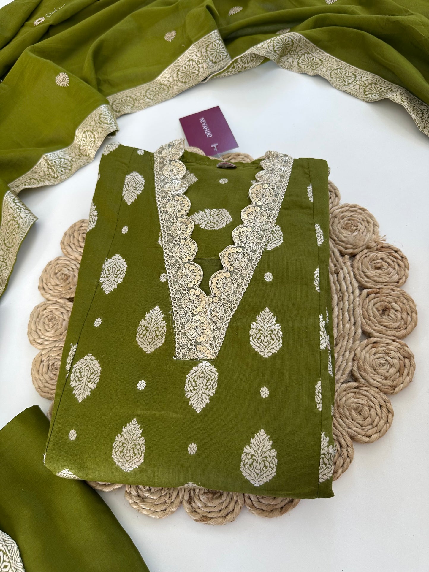 K094 - Cotton Jacquard Aline Kurti with pants and dupatta in 3 colours.