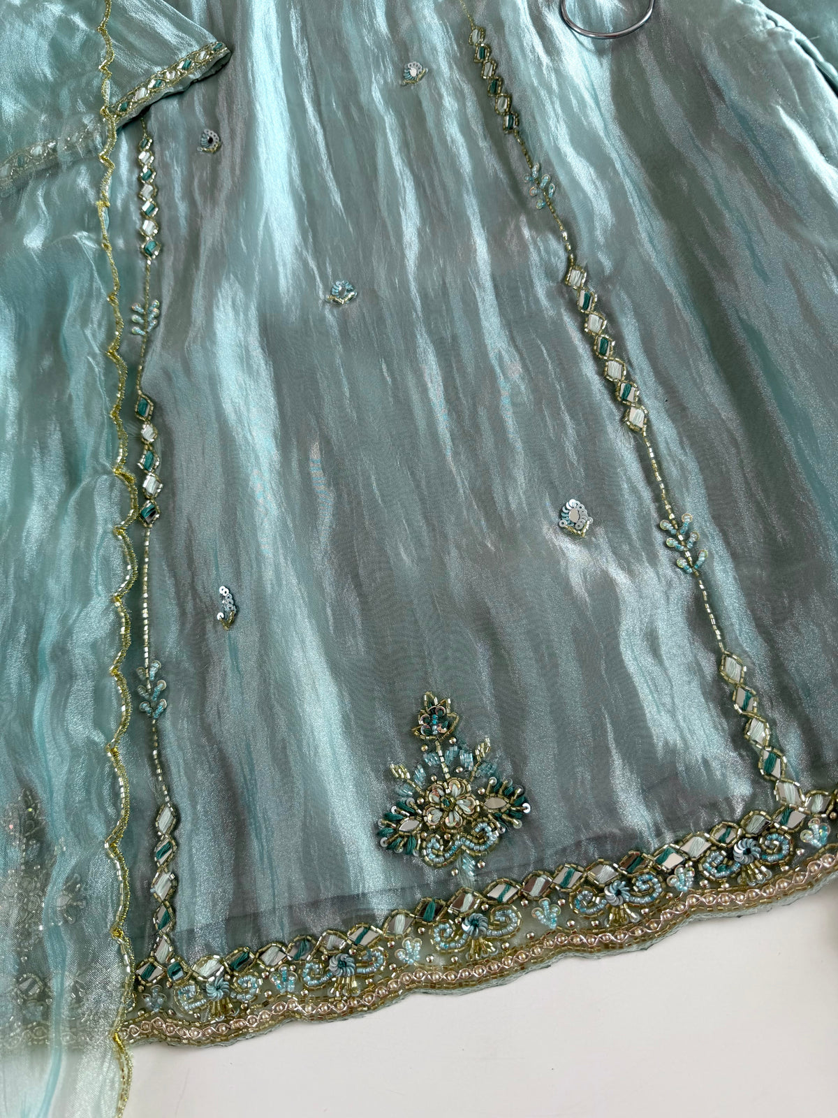 K332 - Glass tissue silk handwork short Kurti with pants and dupatta