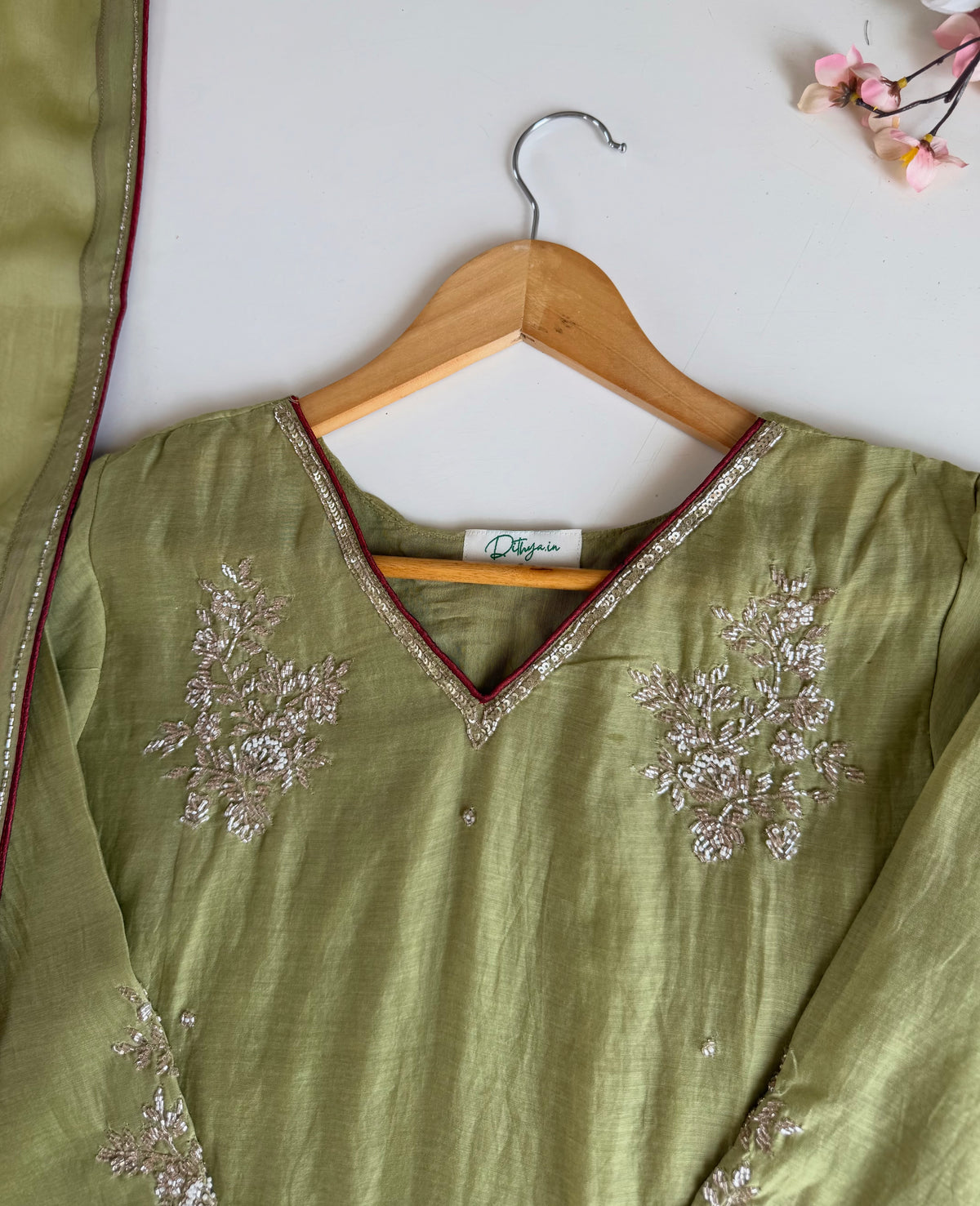 K417 - Mul chanderi handwork piping Aline Kurti with pants and dupatta