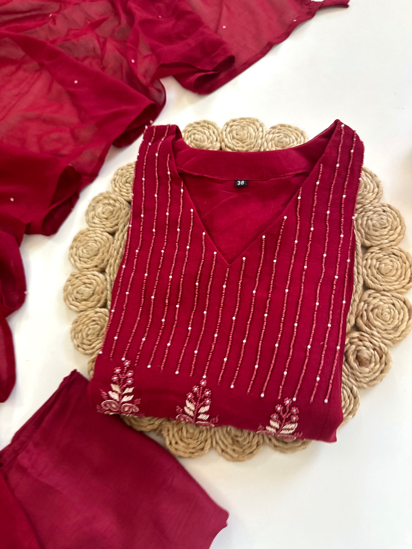 K175 - Mul Chanderi handwork Aline Kurti with pants and dupatta in 2 colours .