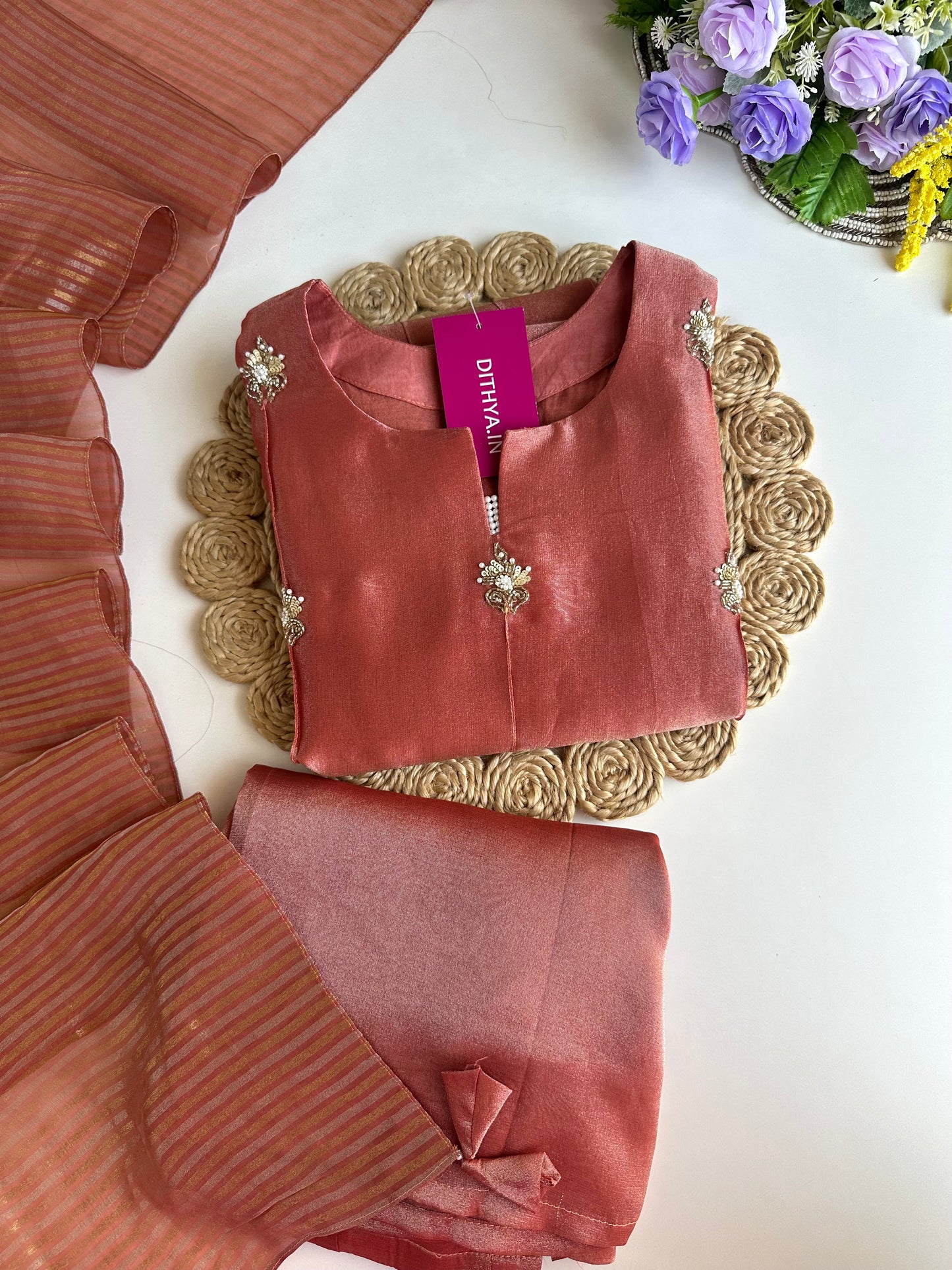 K297 - Tissue silk handwork straight kurti with pants and dupatta