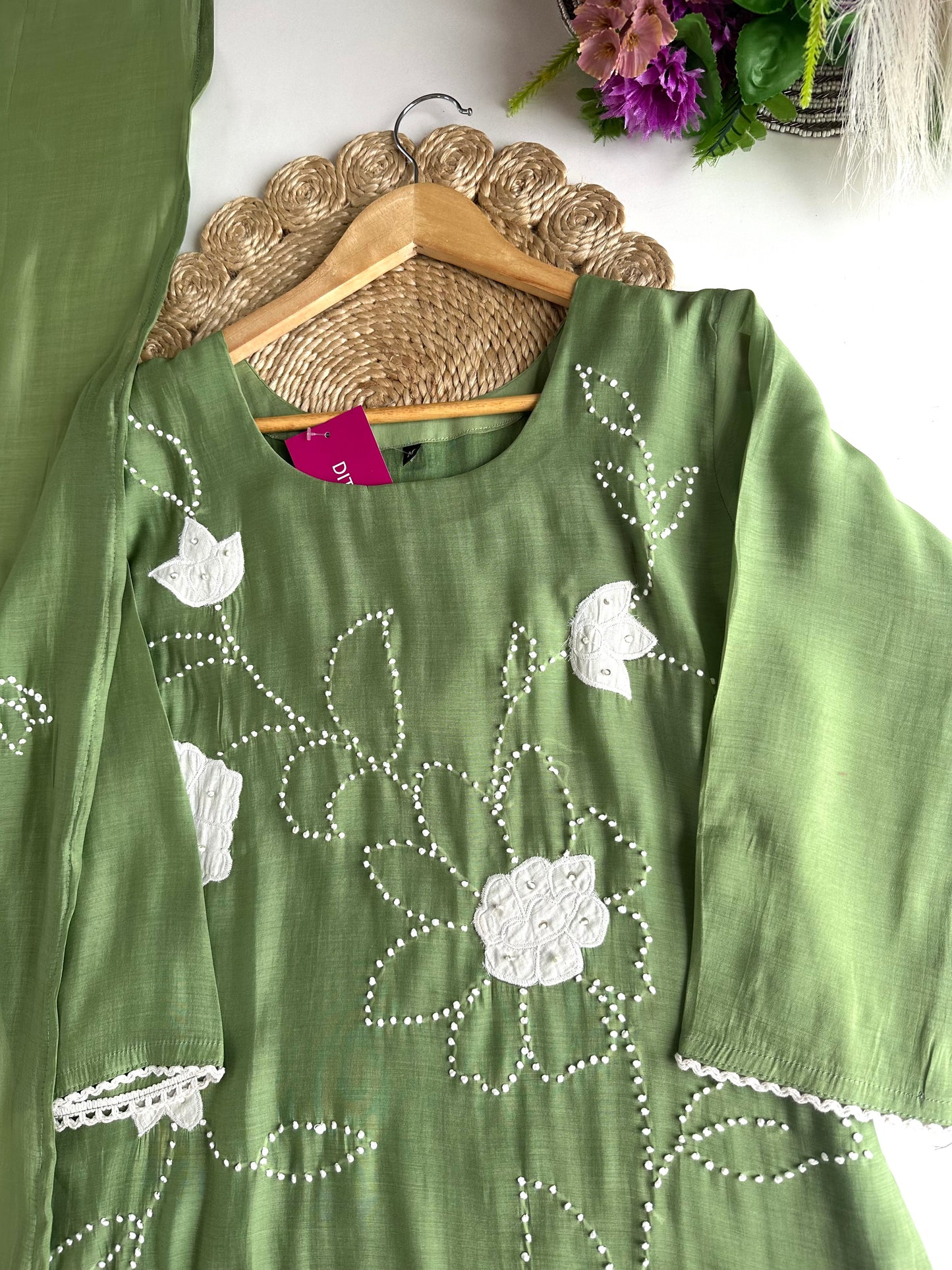 K214 - Mul Chanderi appliqué knot work Aline Kurti with pants and dupatta