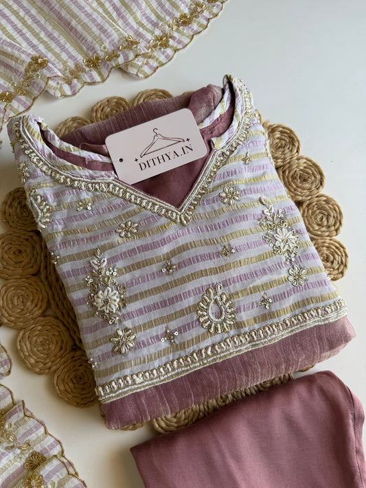 K684 - Crushed tissue handwork Aline Kurti with pants and dupatta