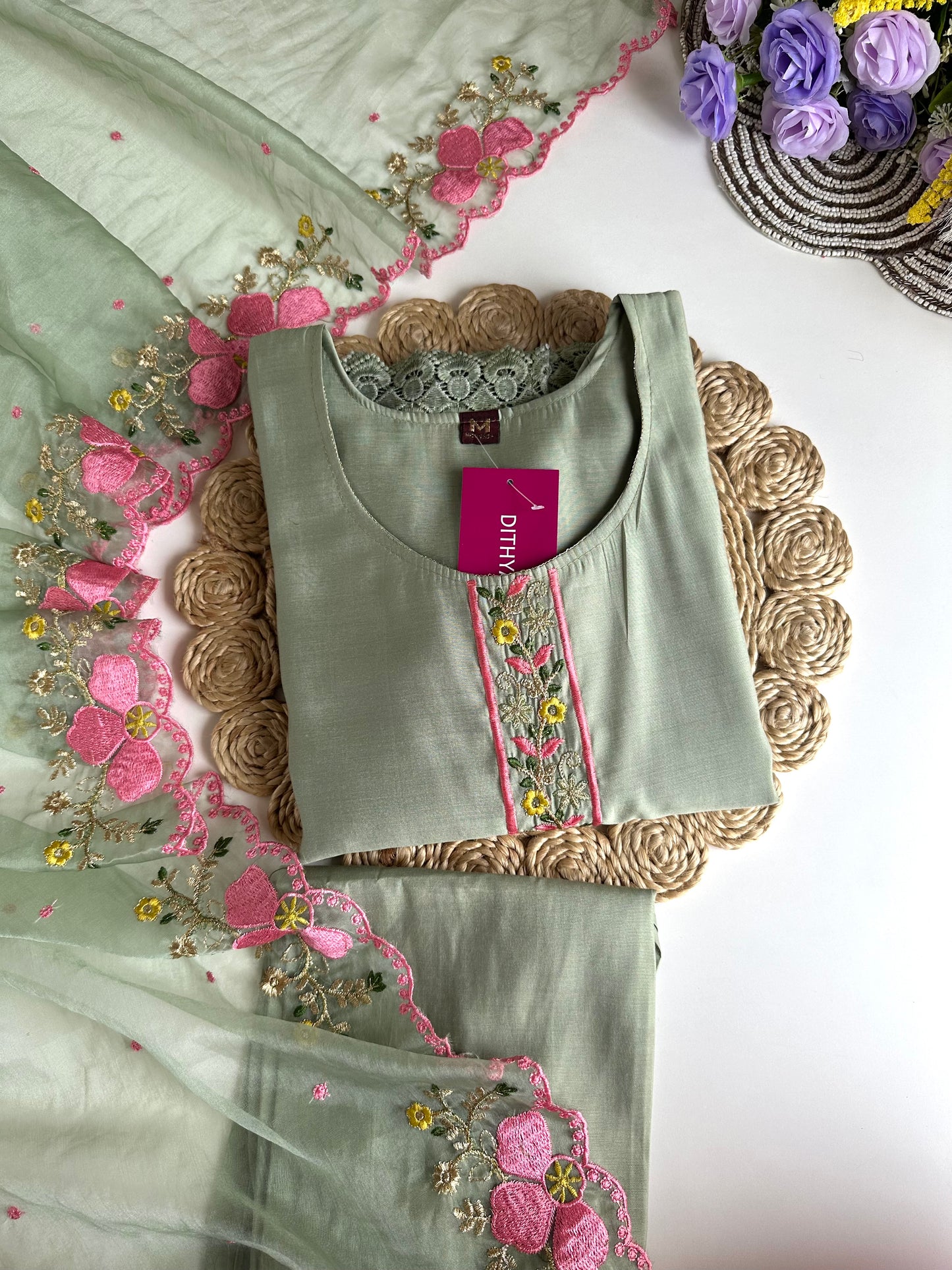K147 - Roman silk embroidered straight Kurti with pants and dupatta