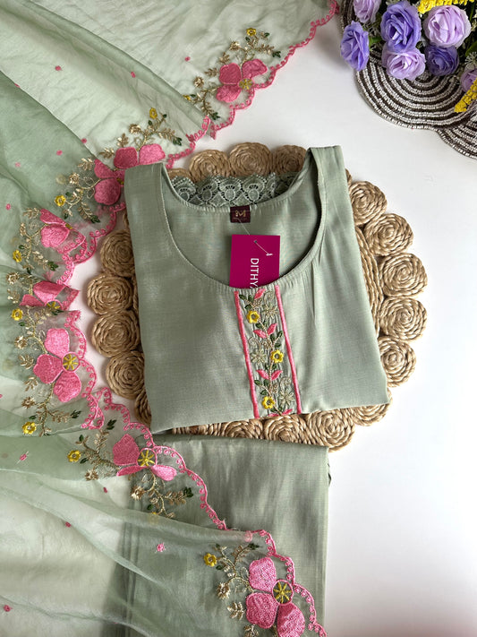 K147 - Roman silk embroidered straight Kurti with pants and dupatta