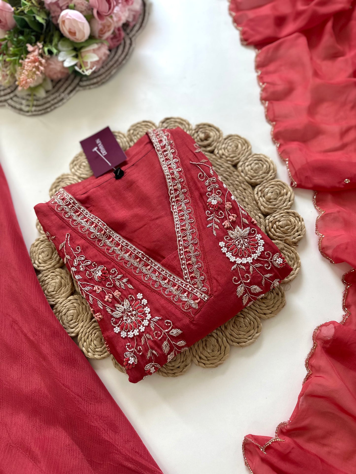 K242 - Handwork Russian silk short kurti with palazzo and dupatta.