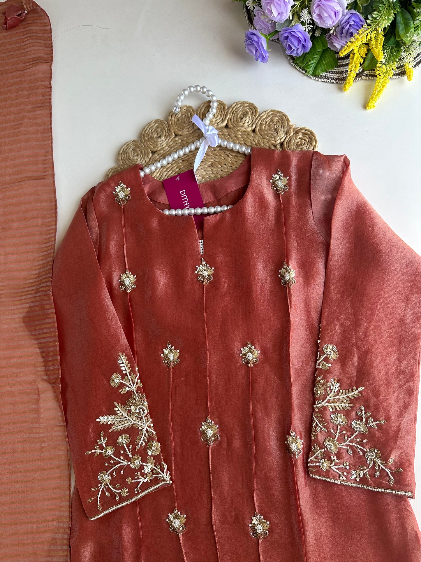K297 - Tissue silk handwork straight kurti with pants and dupatta