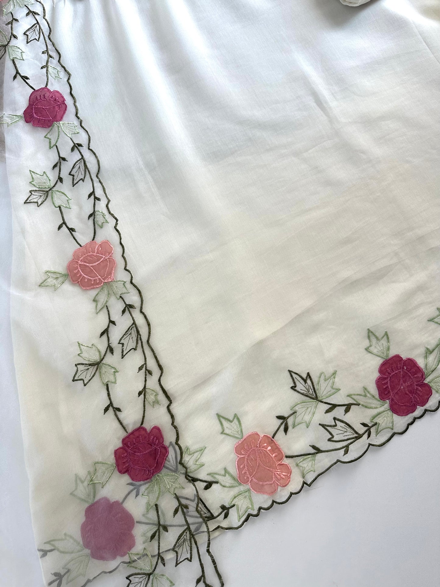 K291 - Mul Chanderi appliqué work Aline Kurti with pants and dupatta