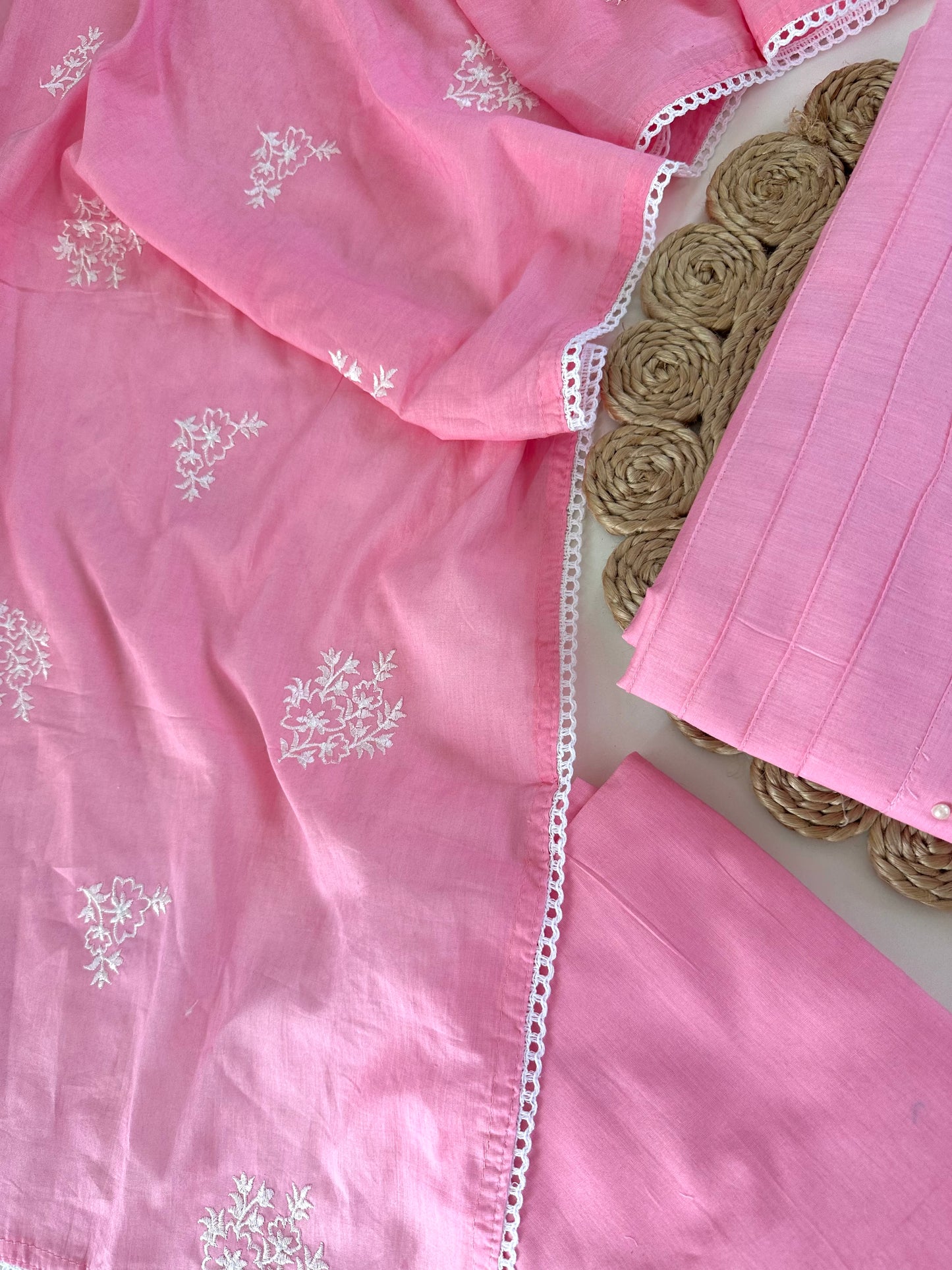 K089 - Mulmul cotton embroidered Anarkali with pants and dupatta in 2 colours