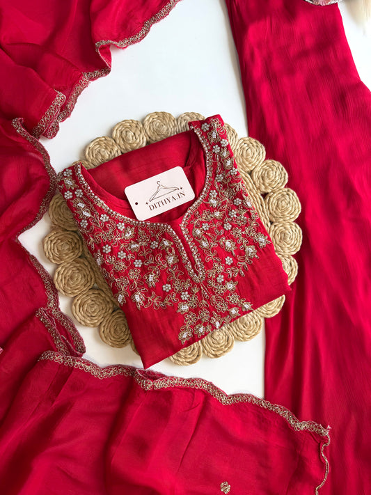 K501 - Russian silk handwork short Kurti with palazzo and dupatta