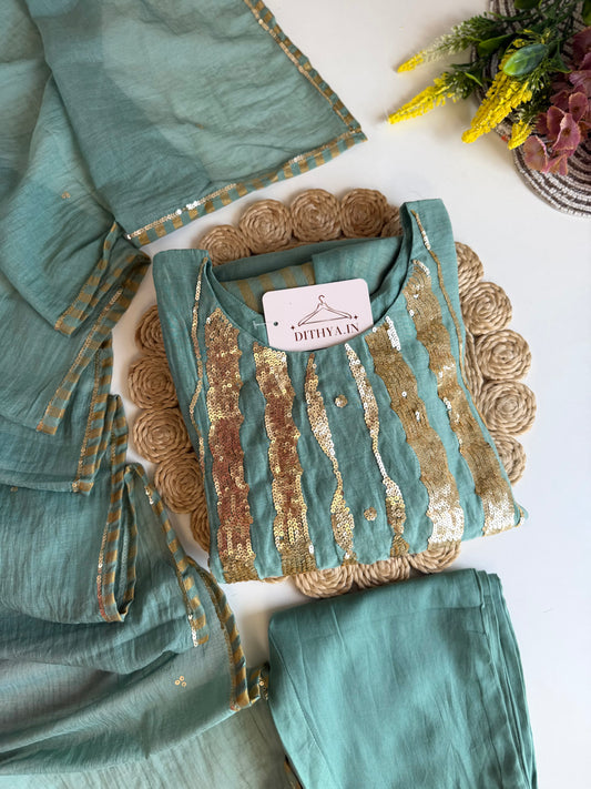 K342 - Mul Chanderi handwork Anarkali with pants and dupatta