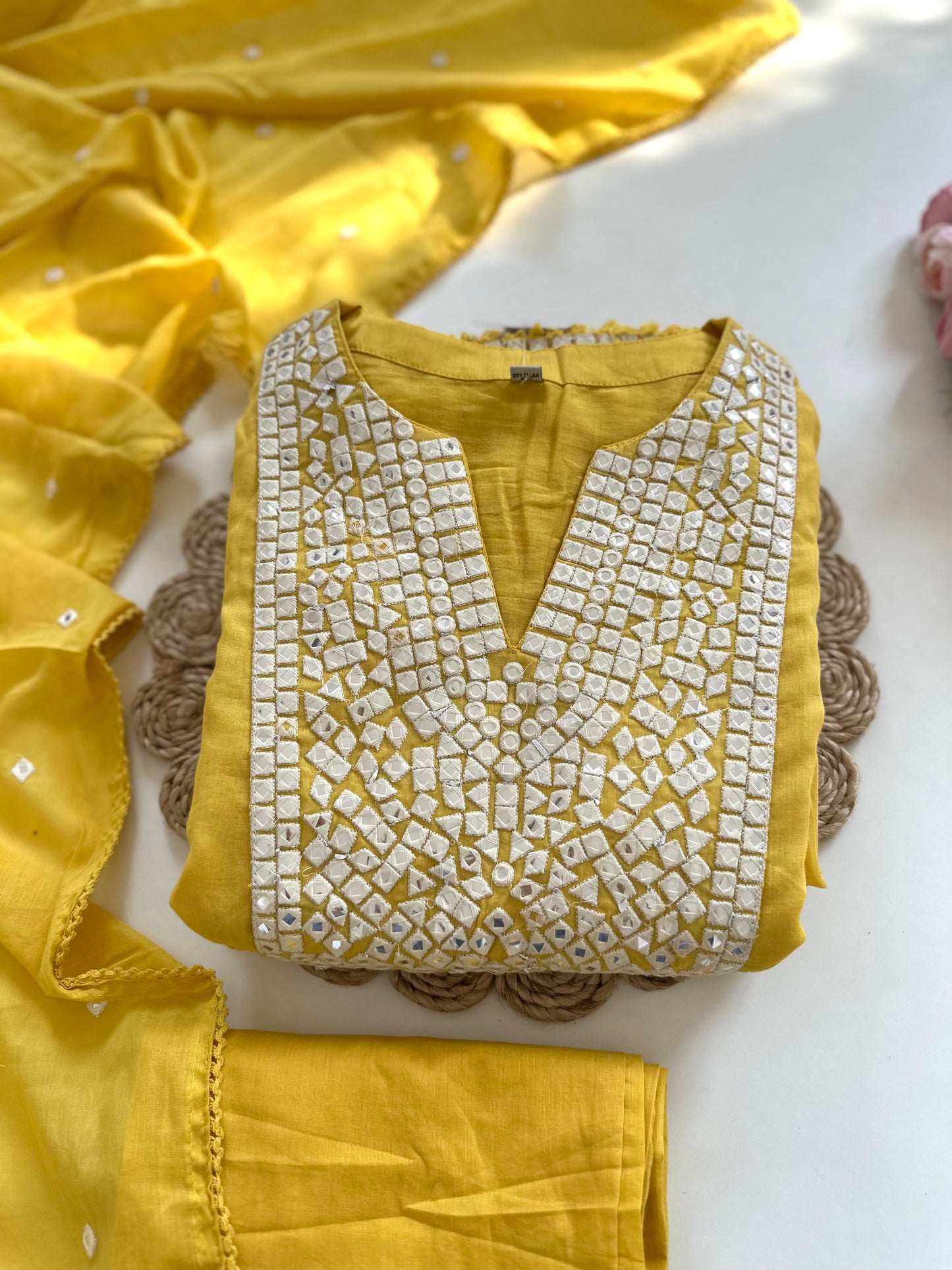 K116 - Mul mul cotton mirror work Anarkali with pants and dupatta in 2 colours