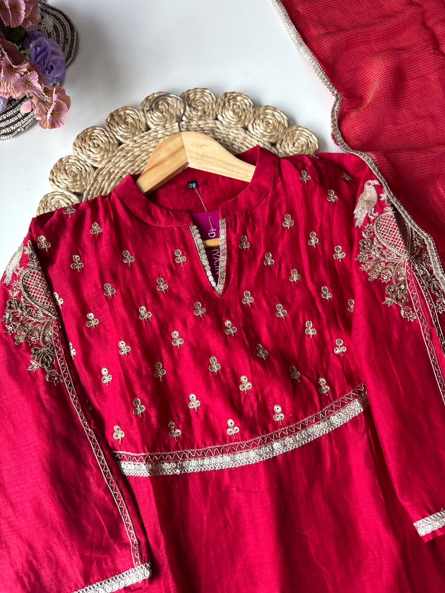 K013 - Mul Chanderi handwork Aline Kurti with pants and dupatta