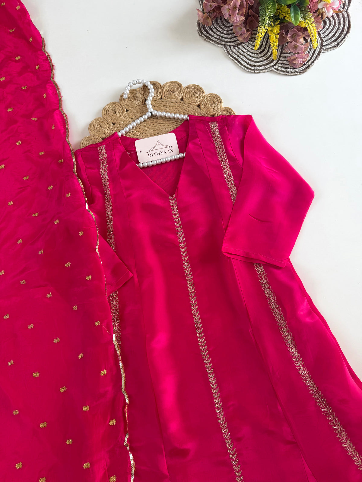K596 - Pure Ho silk handwork aline Kurti with pants and dupatta