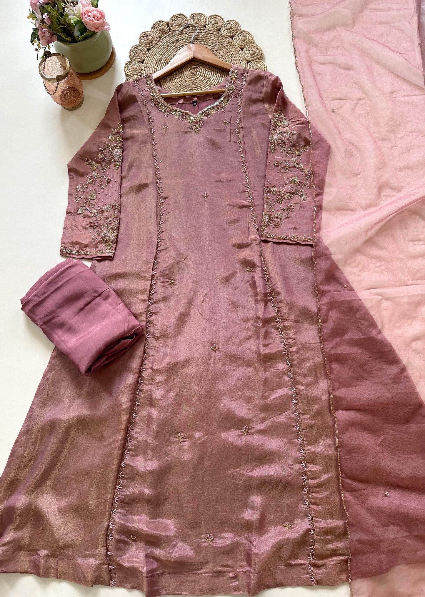 K280 - Tissue silk handwork Anarkali with pants and dupatta in 2 colours .