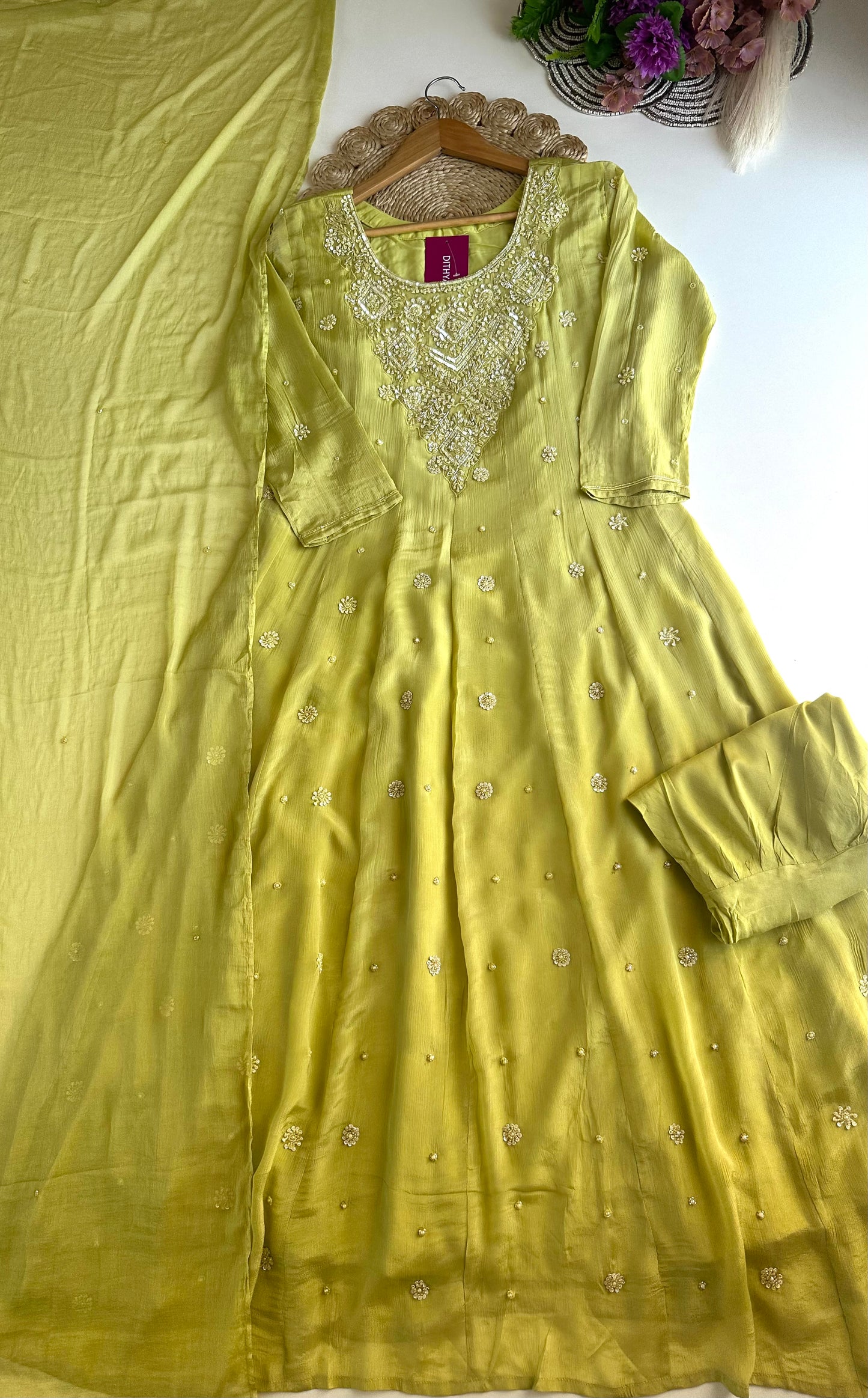 K063 - Chinnon heavy handwork Anarkali with pants and dupatta