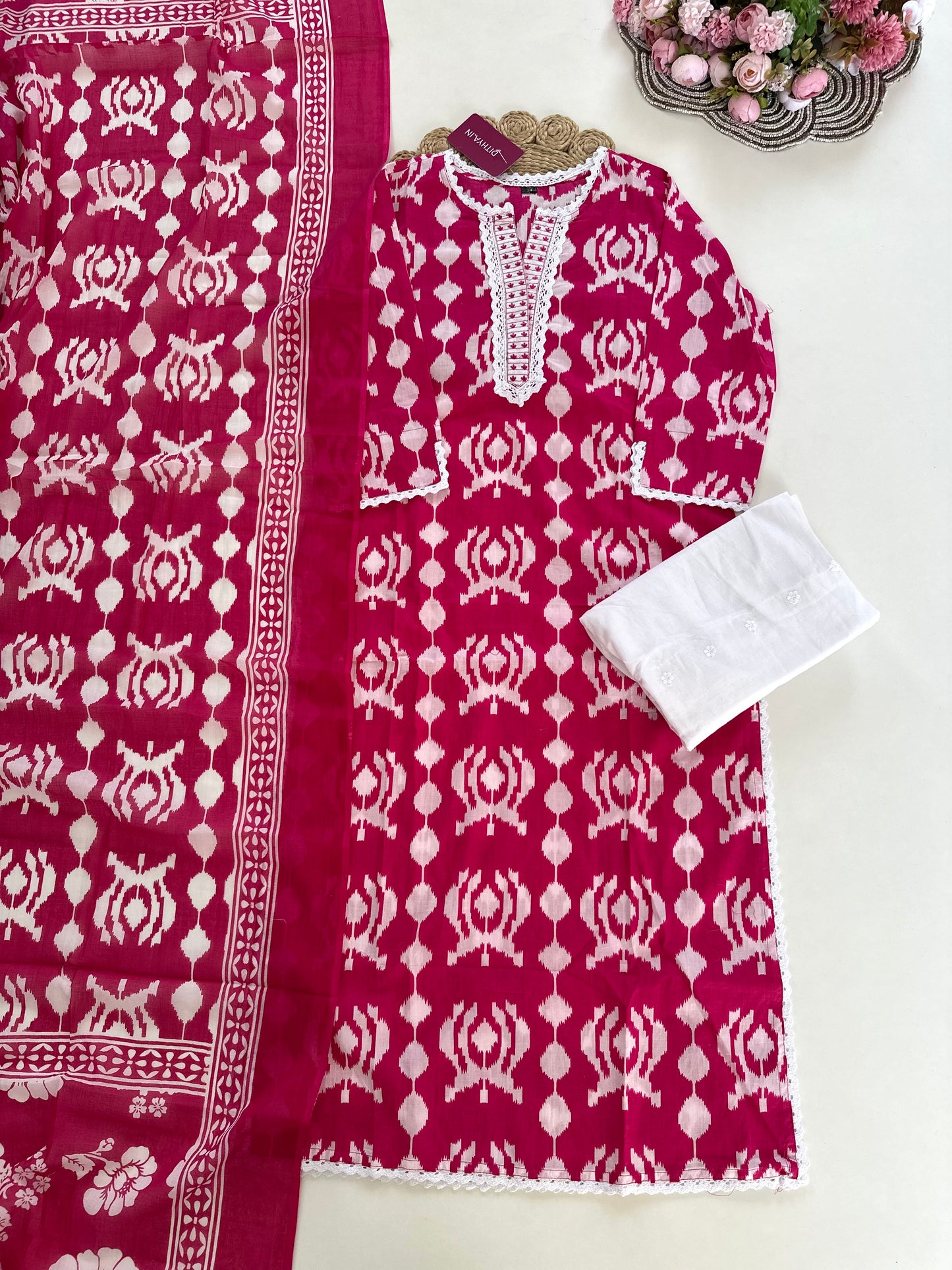 K111 - Cotton embroidered straight Kurti with pants and dupatta