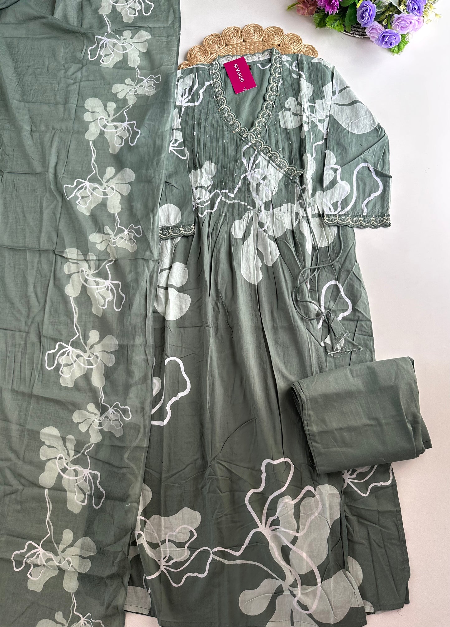 K395 - Mul cotton Anarkali with pants and dupatta