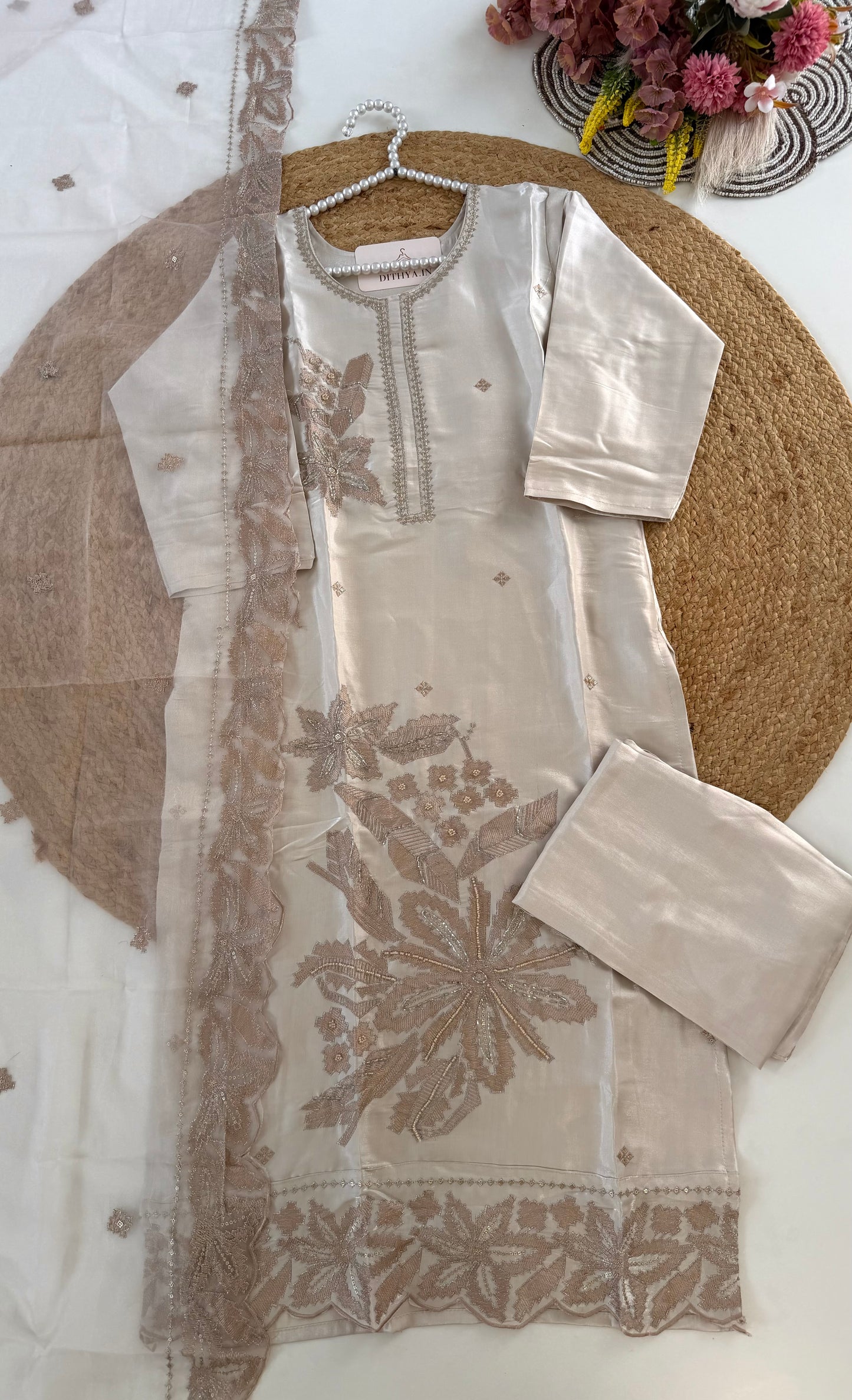 K519 - Shimmer Tissue silk embroidered straight Kurti with pants and dupatta