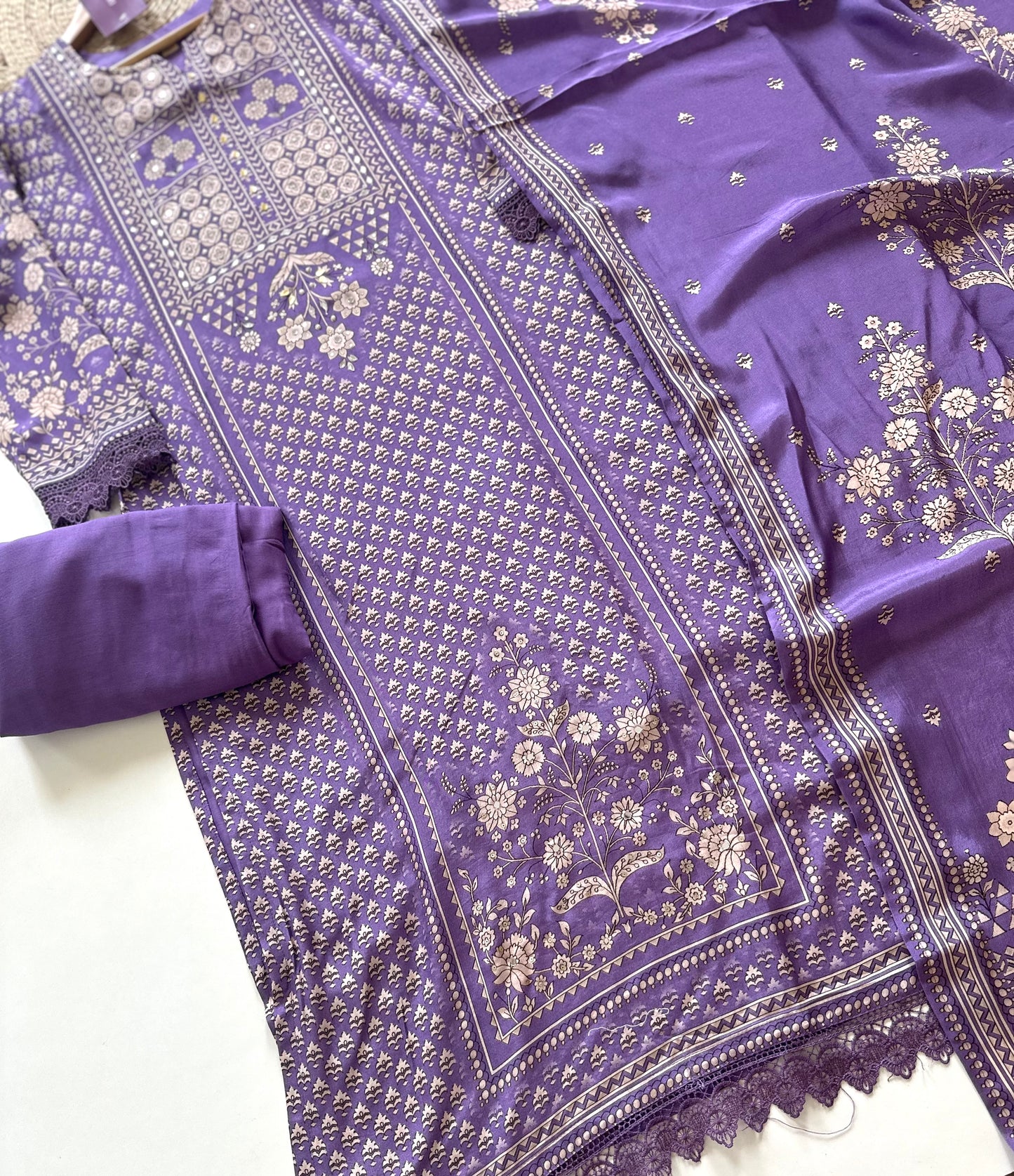 K102 - Muslin silk Printed Handwork straight kurti with pants and dupatta .